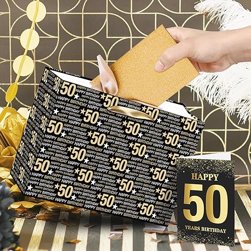 Miniatura 4 de RUMIA Bolsa de regalo de cumpleaños número 50, bolsa de regalo de cumpleaños 50 con papel de seda y tarjeta, bolsas de regalo de papel kraft de 50