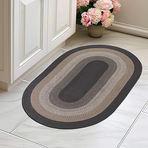 Super Area Rugs - Alfombra trenzada rústica en tonos taupe y gris oscuro, ovalada para puertaentrada principal, alfombra tejida para exteriores, 2 x