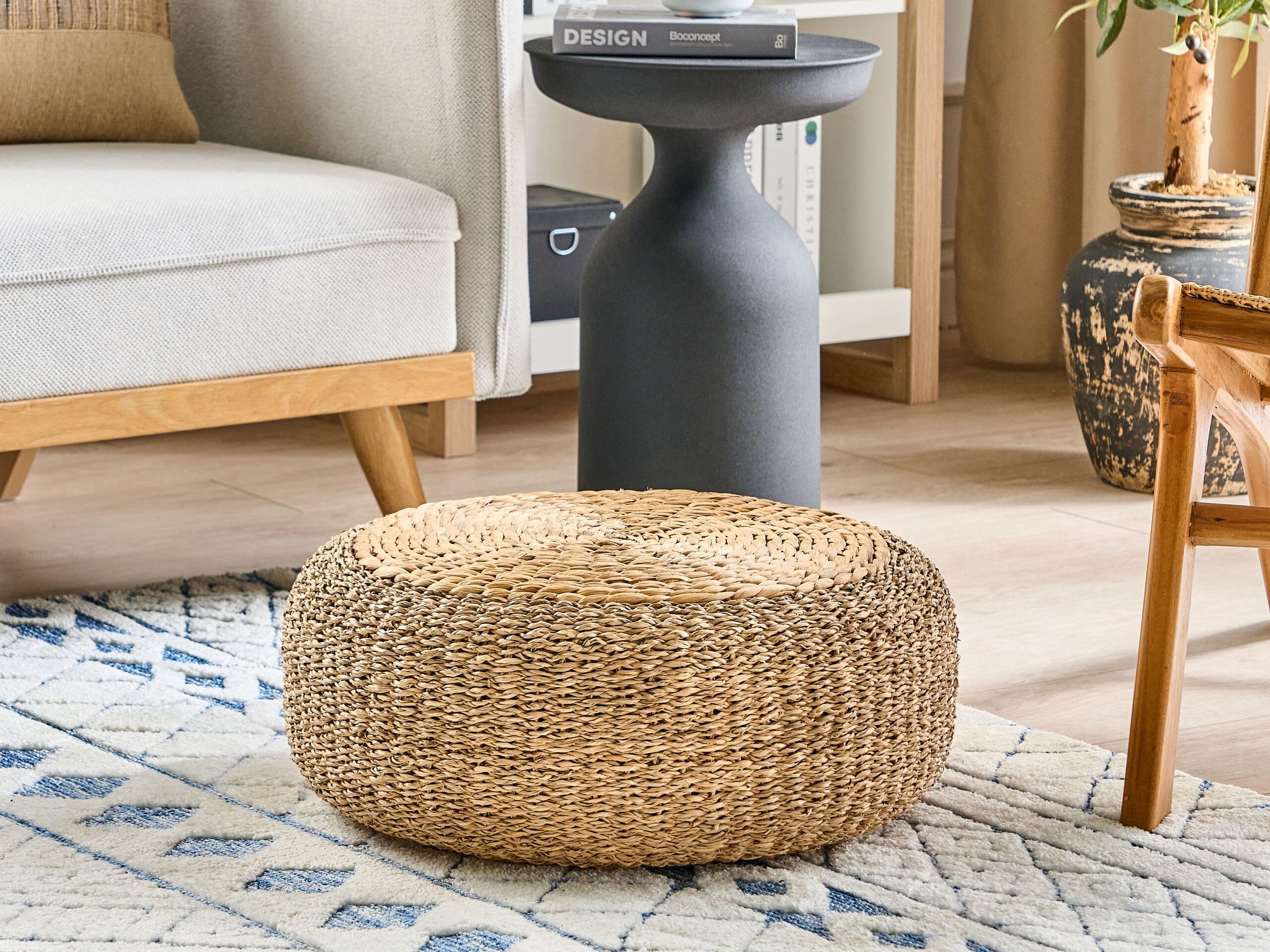 Beliani Pouf Wasserhyazinthe/Seegras natürlich beige rund ⌀ 50 cm geflochten Backan
