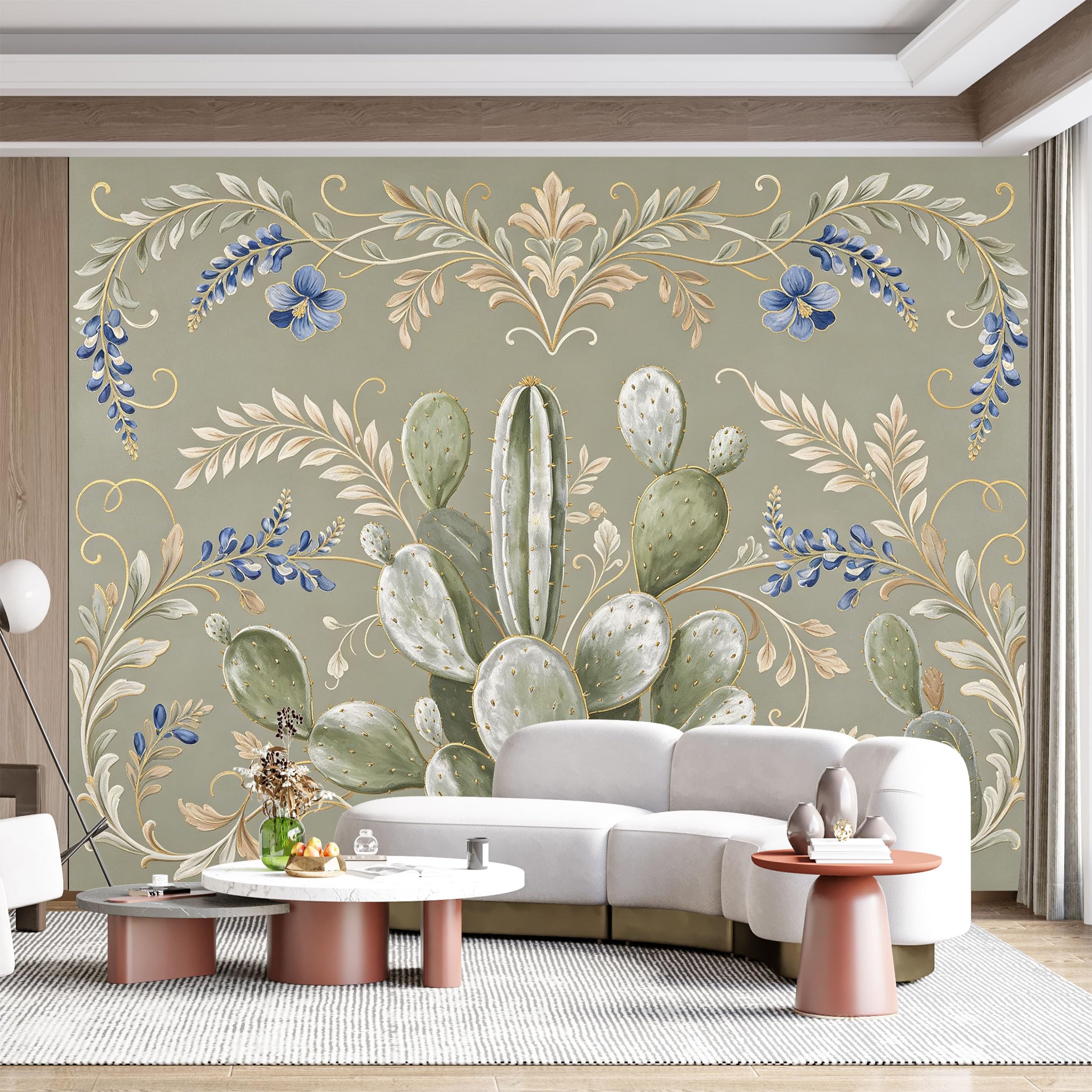 Custom Size Wall Mural Botanical Cactus Floral Western Art Nouveau SelfAdhesive Wall Fabric Removable for Home Office Decor