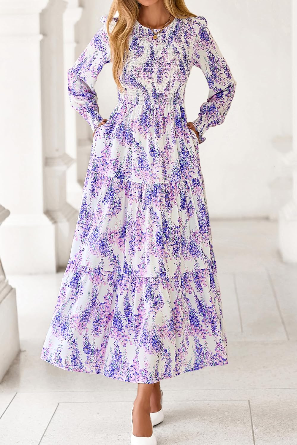 dowerme Maxi Dresses for Women 2026 Long Sleeve Floral Smocked A Line Polka Dot Flowy Boho Vacation Dress Spring Clothes - Image 2