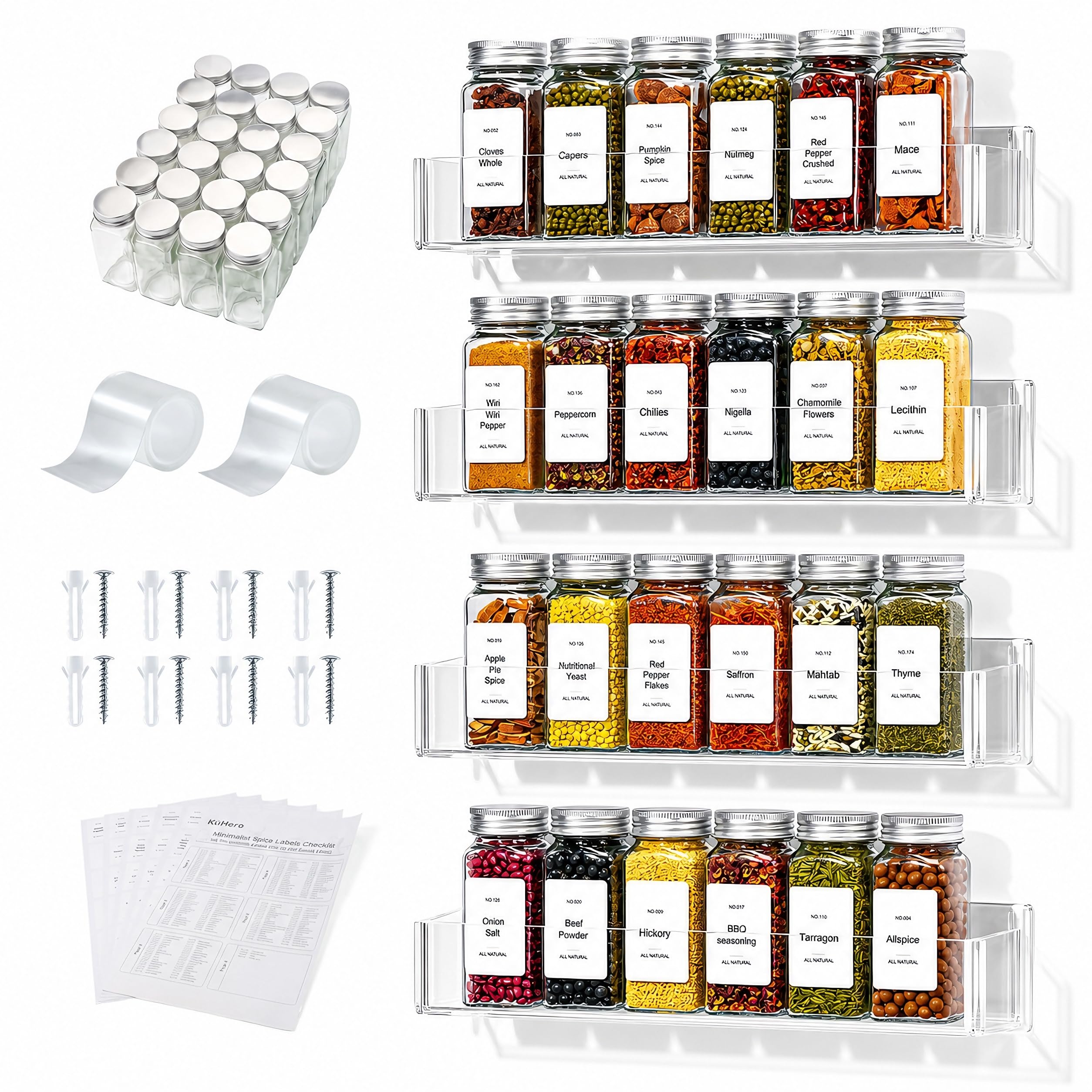 Gewürzregal mit 4 Etagen, Acryl, Wandhalterung, mit 24 Gläsern, 216 Etiketten und Trichter, Schraub-/Klebehalterung, Acryl-Gewürzaufbewahrung für Küche, Speisekammer, Schrank, 29,6 cm L x 6,1