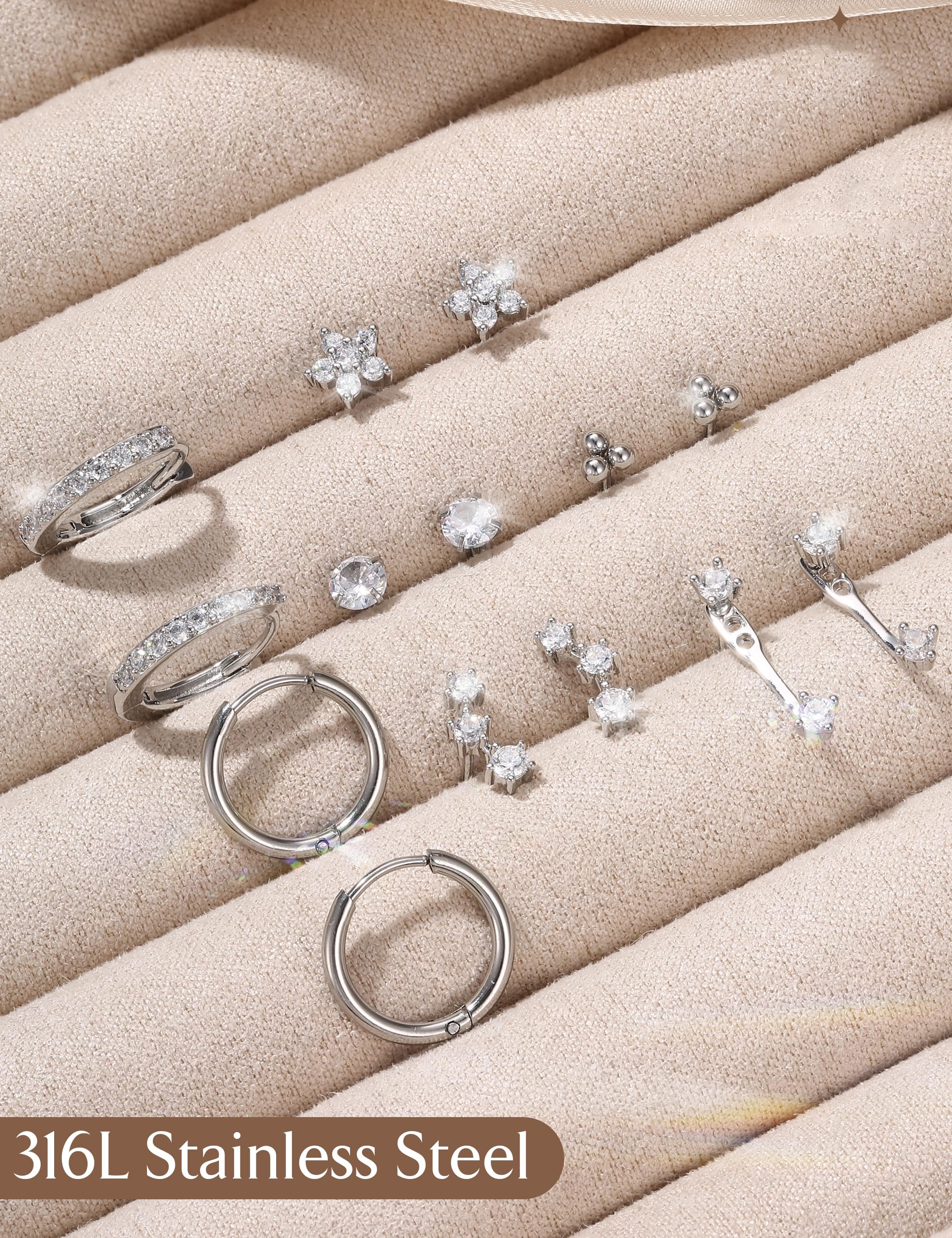 Diamday 7 par srebrnych kolczyków dla kobiet, hipoalergiczne kolczyki koła ze stali chirurgicznej, złote sztyfty, zestaw kolczyków Huggie, helix, tragus, muszla, biżuteria, zestaw kolczyków do