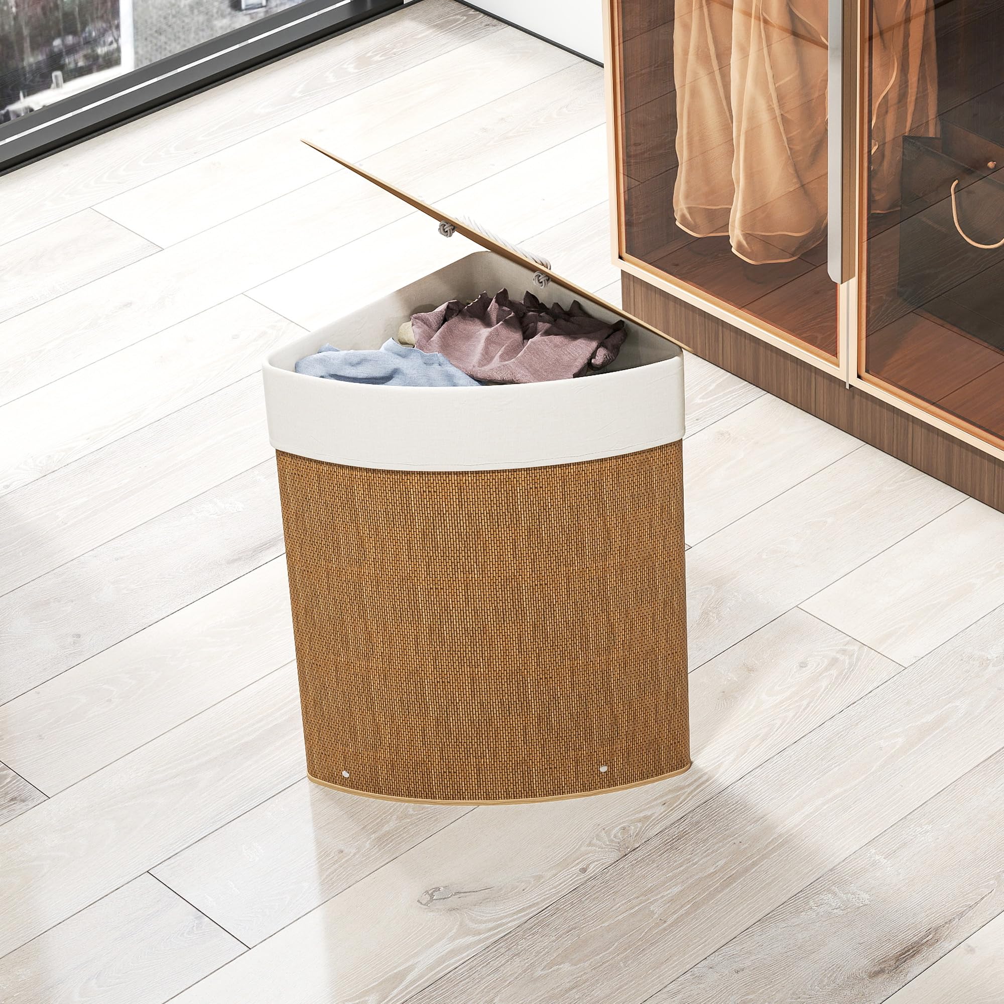 HOMCOM Cesto Portabiancheria Angolare da 55L con Sacco Estraibile e Coperchio Removibile, Cesta per la Biancheria in Bambù, 35x35x60 cm, Marrone