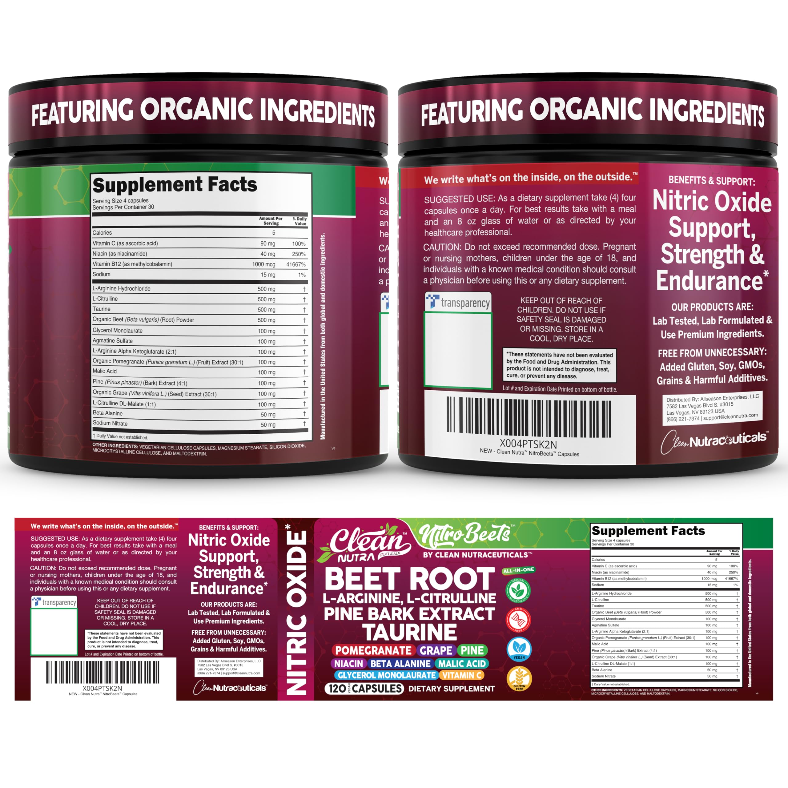 Clean Nutra Organic Beet Root Capsules L Arginine L Citrulline Pine Bark Nitric Oxide Beetroot Powder Arginine Citrulline Supplement Pre Workout Supplements Extract – 120 Vegan Pills — Amazon image 9