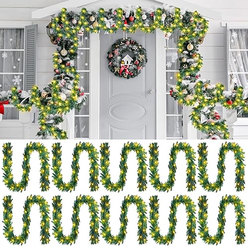 Miniatura 9 de Guirnalda de Navidad de 9 pies con 50 luces LED, funciona con pilas, impermeable, iluminada al aire libre, guirnalda de Navidad para escalera,