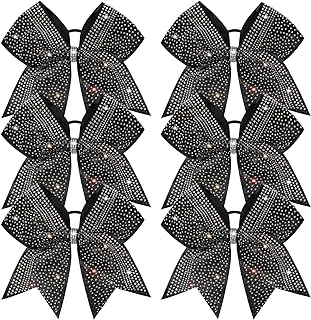 DEEKA 6PCS 8" Large Glitter Black Cheer Bows with Full Shiny Rhinestones Multicolored Shimmer Cheer Hair Bows Elastic Band Ponytail Holder for Cheerleader Girls Sports-Black