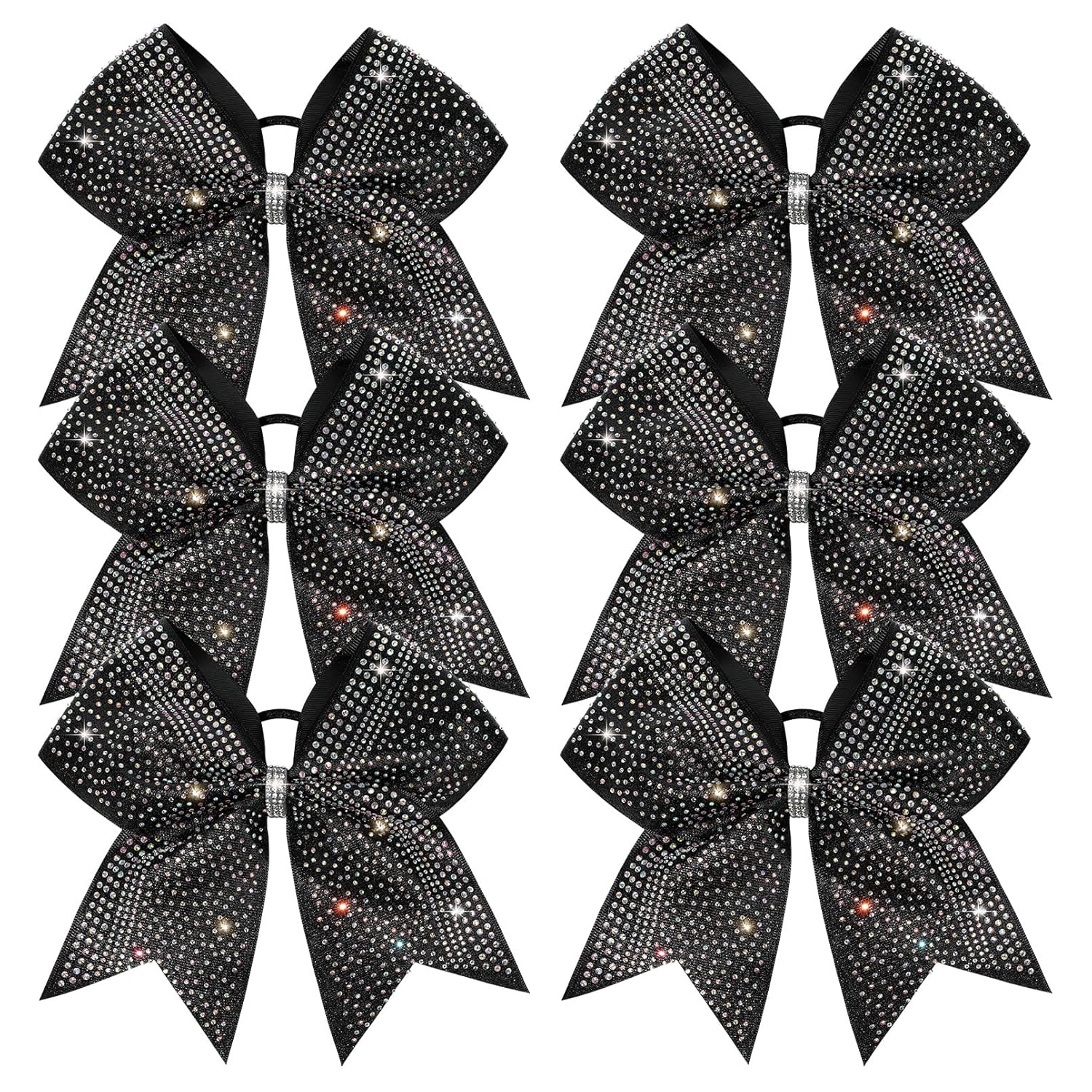 DEEKA 6PCS 8" Large Glitter Black Cheer Bows with Full Shiny Rhinestones Multicolored Shimmer Cheer Hair Bows Elastic Band Ponytail Holder for Cheerleader Girls Sports-Black