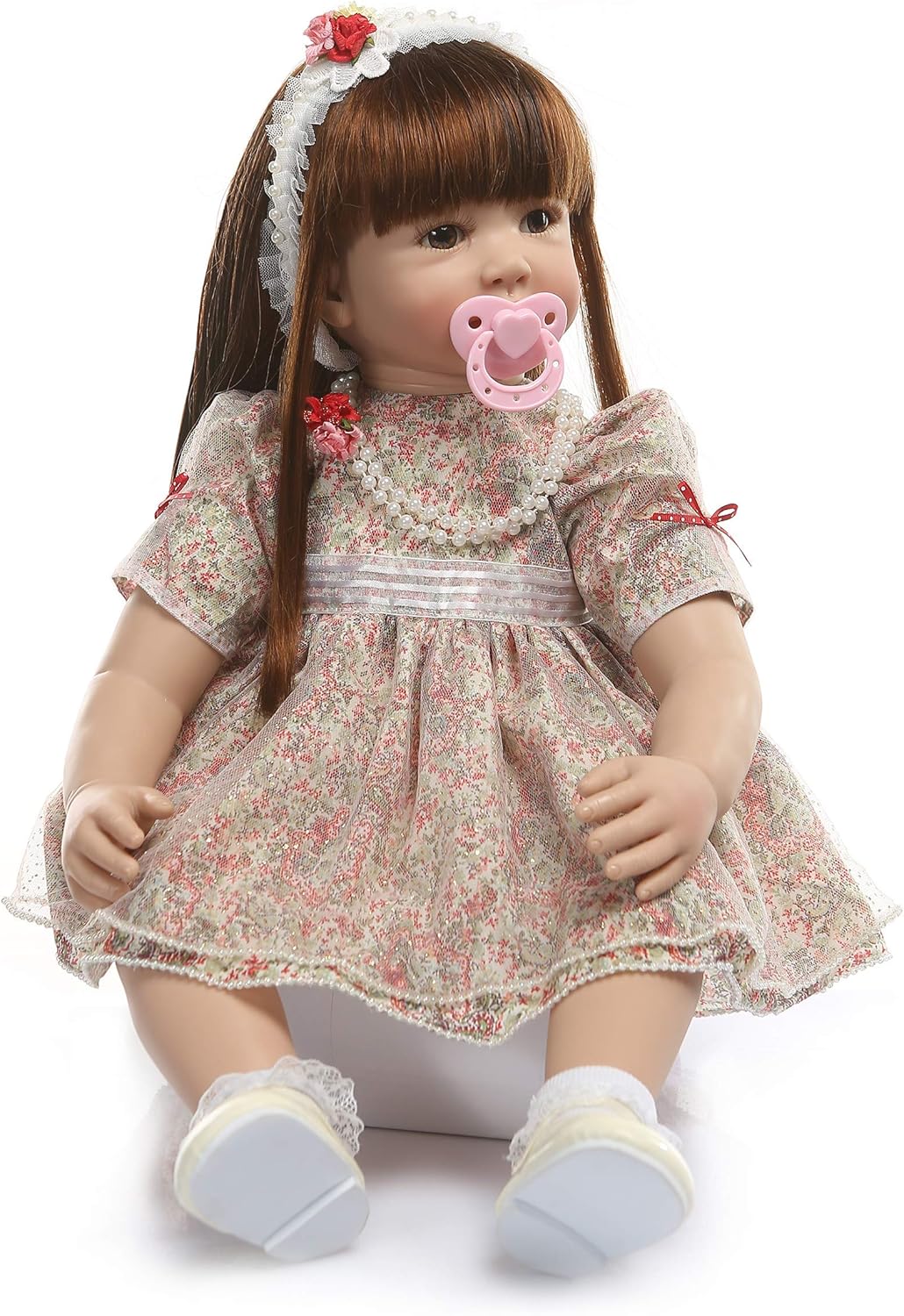 KAWAYII Realistic Reborn Baby Dolls Handmade Real Life Reborn Toddlers Girl Weighted 24 Inch Lifelike Silicone Newborn Baby Doll with Beautiful Elbow Long Brown Hair