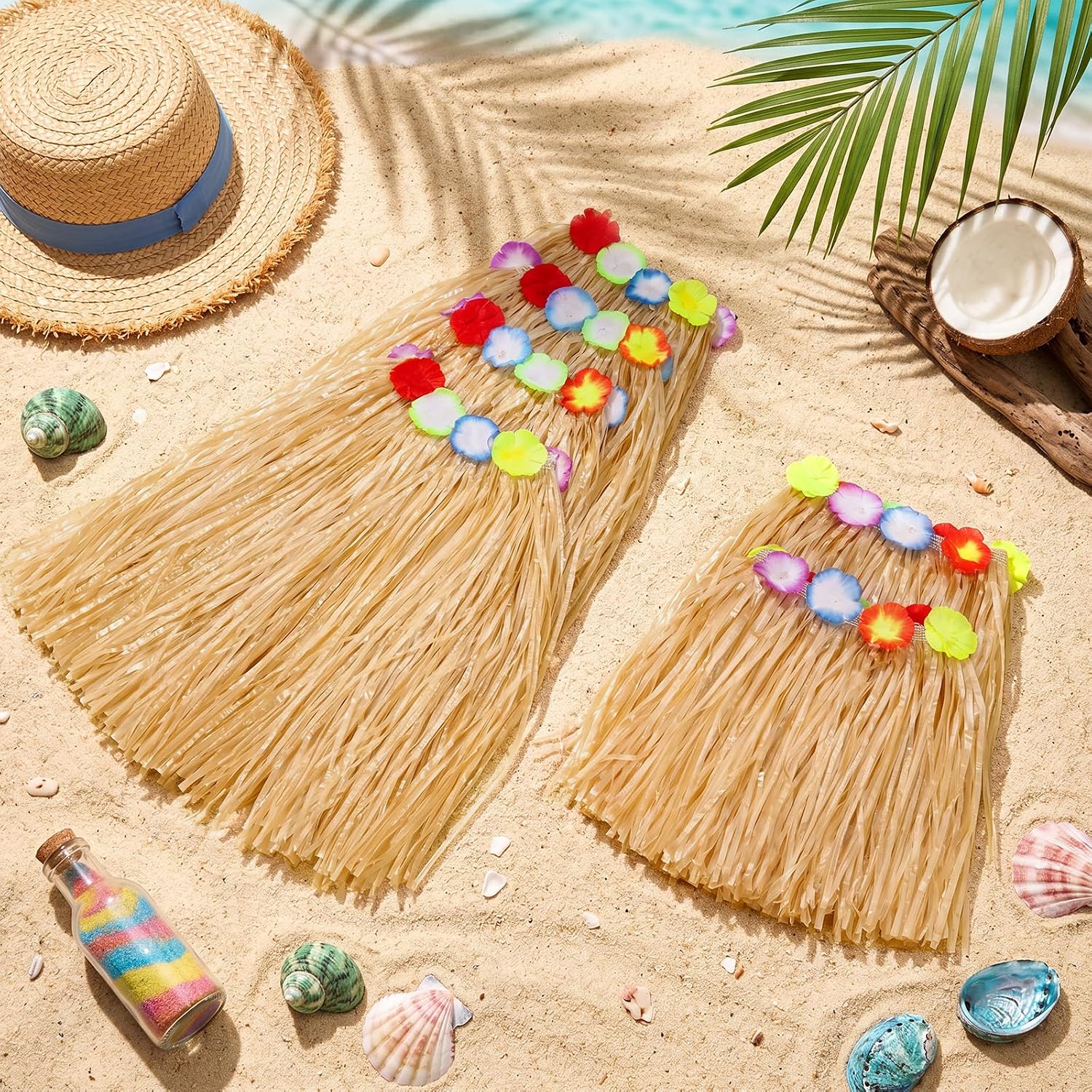 Unittype 12 Pcs Hawaiian Grass Skirts Luau Hula Skirts Bulk, Tropical Elastic Hibiscus Flowers Raffia Skirt Party Decorations for Summer Beach Costume Party, Holiday Birthday Supplies, 23.6 and 15.7"