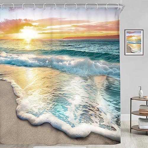 Miniatura 3 de Riyidecor Juego de cortinas de ducha decorativas de tela con temática de playa oceánica para baño, salida del sol, vista al atardecer, 72 x 72