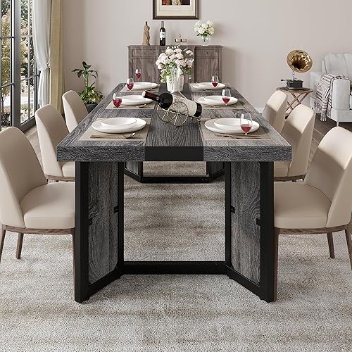 Vista 4 de Mesa de comedor industrial para 6-8 personas, mesa de cocina grande de madera larga de 71 pulgadas con marco de metal resistente y acabado marrón