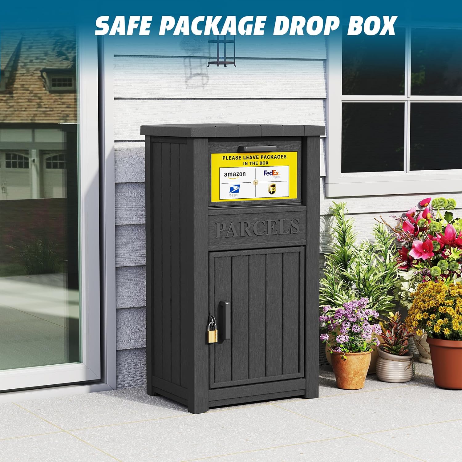 Package Delivery Box with Sign, Lockable & Weatherproof Anti-Theft Parcel Delivery Box for Porch, Curbside, Patio,Black - Image 5