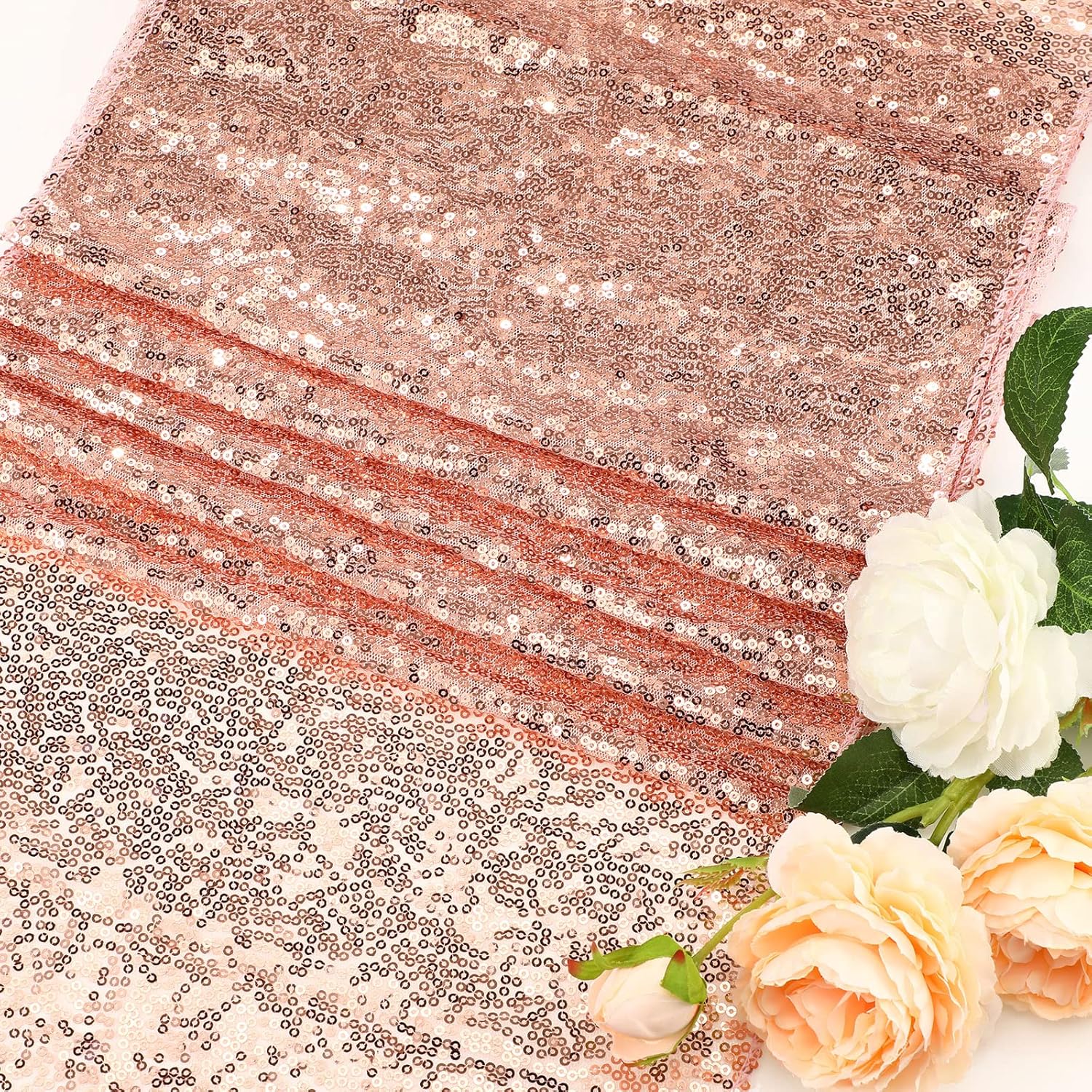 Irenare 12 x 108 Inches Sequin Table Runner Glitter Table Runner Rectangle Tables Covers for Wedding Party Decorations(Rose Gold,15 Pieces)