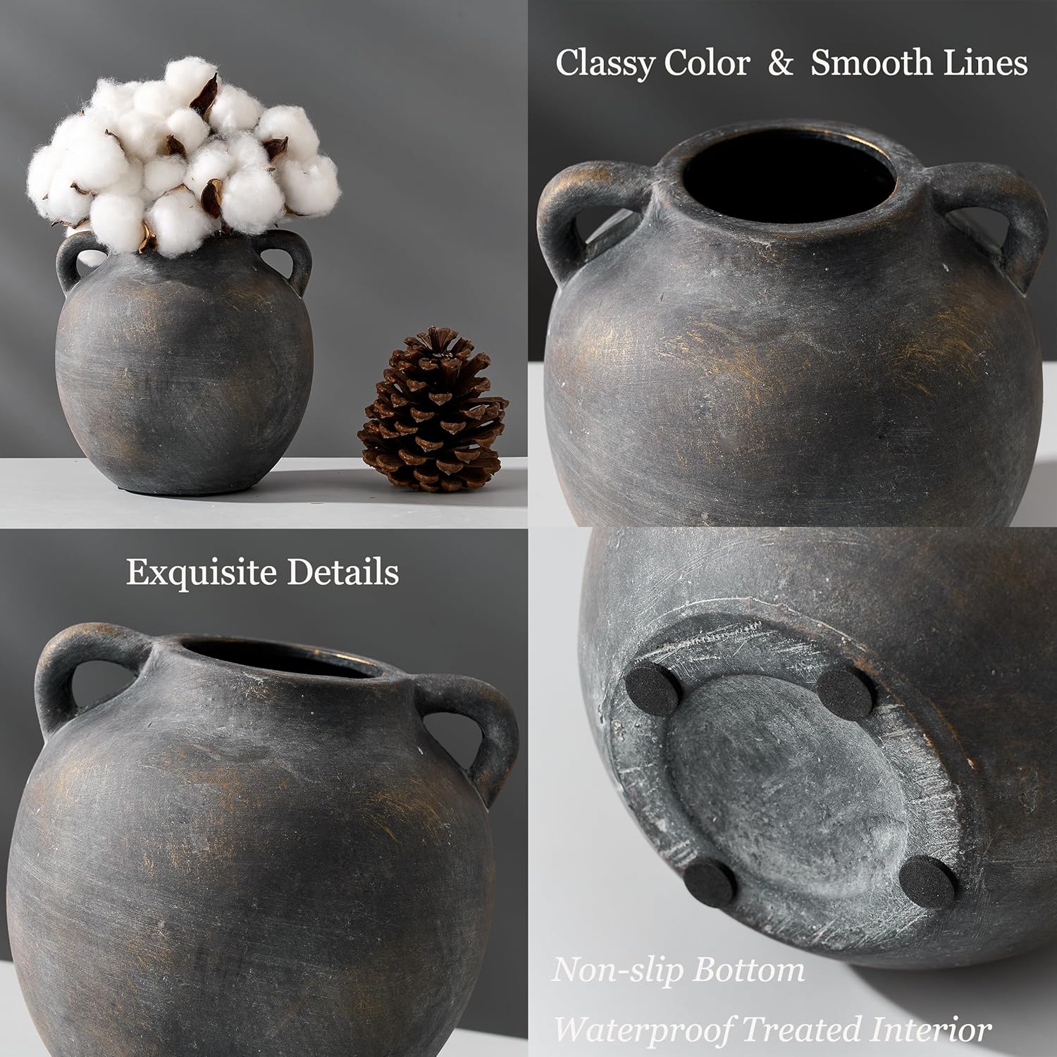 Ceramic Rustic Vase for Home Decor, 5.8 Inch Terracotta with Handles, Vintage Decorative for Flowers, Plants, Living Room, Table, Thanksgiving - Black Bronze - Image 3