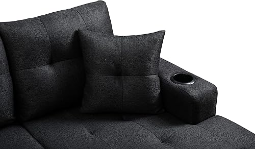 Miniatura 5 de Sofá modular moderno en forma de L, sofá tapizado de tela con diván reversible y 2 portavasos, para sala de estar pequeña, color gris