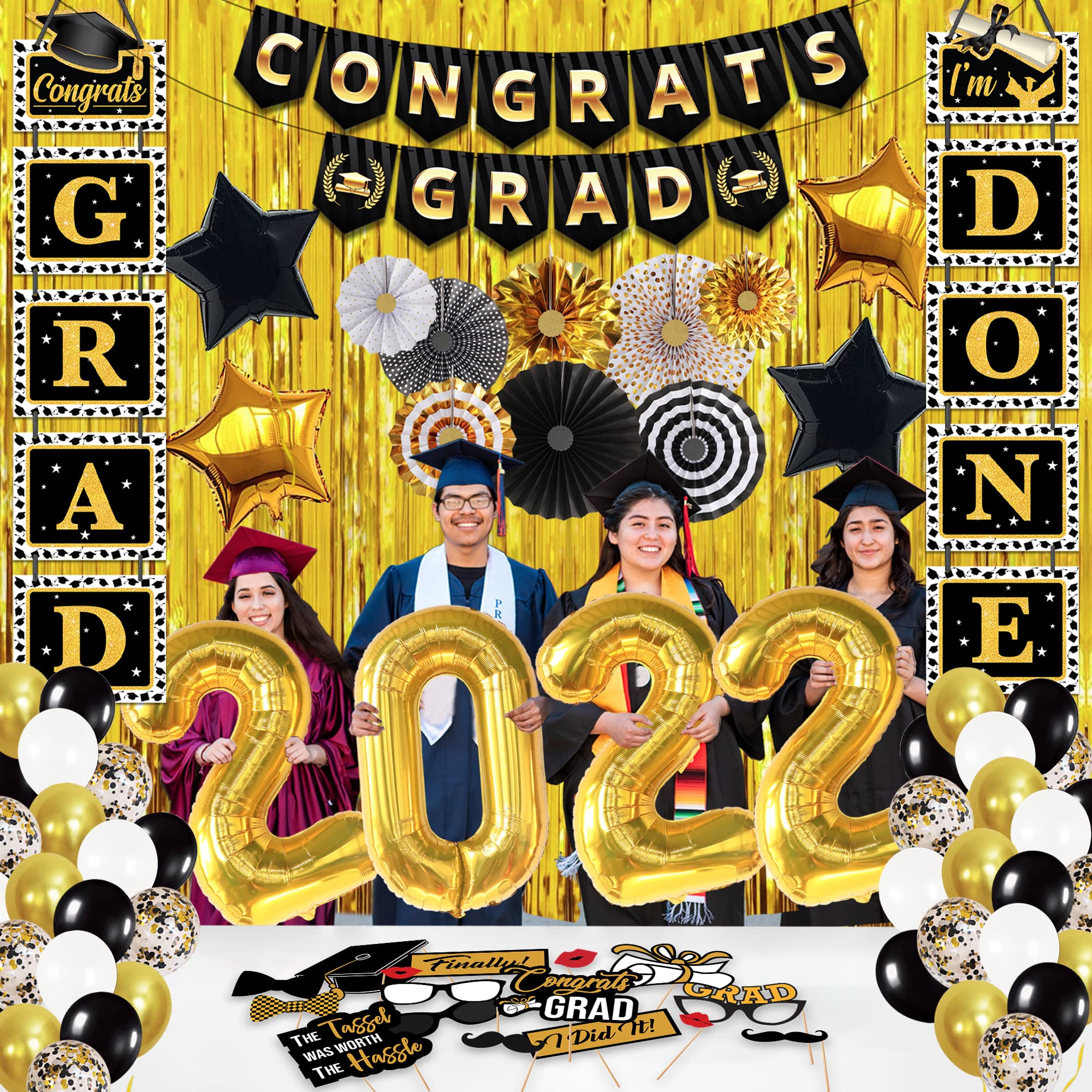Huge Black and Gold Graduation Decorations 2022 Set Big Pack of 75