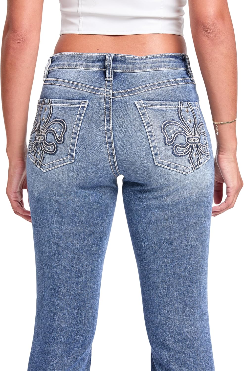 YMI Women's Mid Rise Studded Fleur De Lis Bootcut Jeans