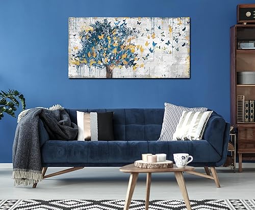 Miniatura 6 de Kepgonegu Arte de Lienzo Grande para Pared Árbol Azul Mariposas Doradas Cuadro Grafiti Gris Abstracto Impresiones en Lienzo Listo para Colgar para