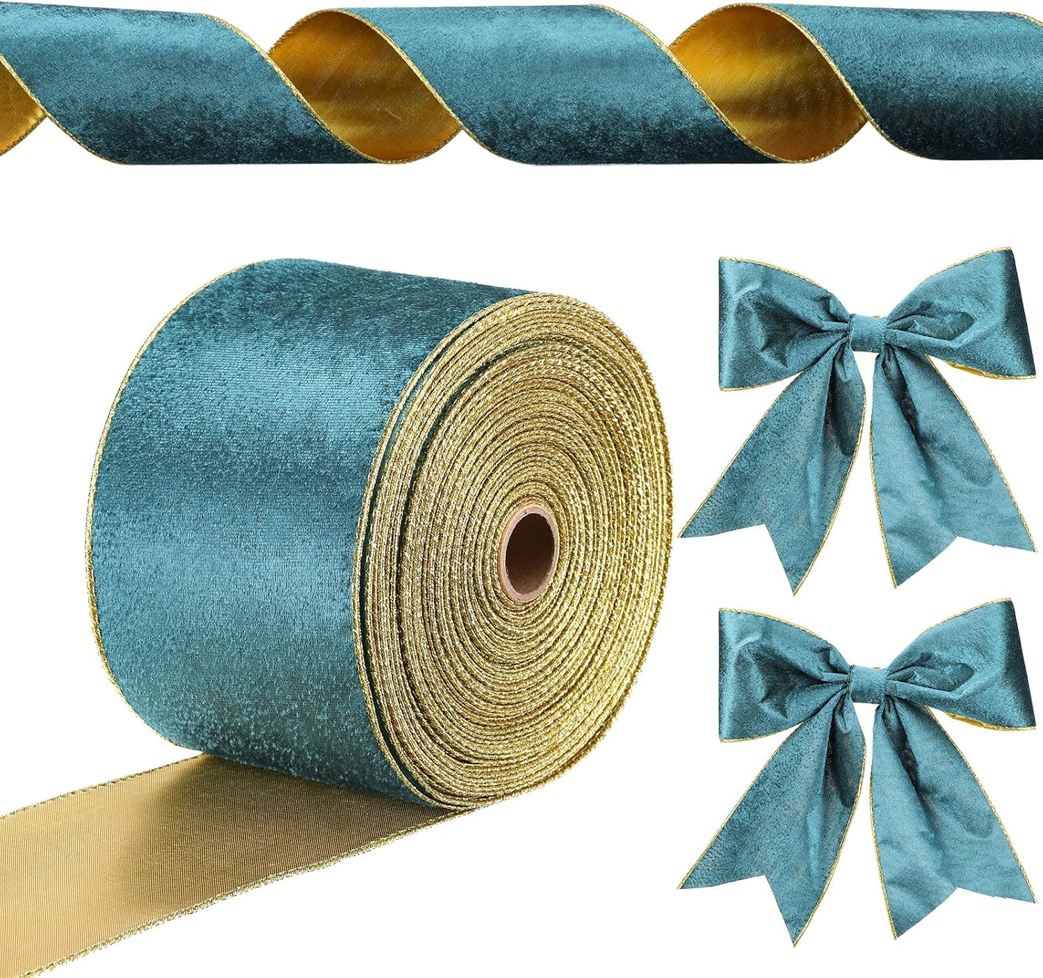 Chuangdi 1 Roll 4 Inch, 35 Yard Christmas Velvet Ribbon Vintage Teal Blue Wide Ribbons for Gift Wrapping Christmas Tree Ornaments Xmas Party Decoration Wreath Crafts Bow Making