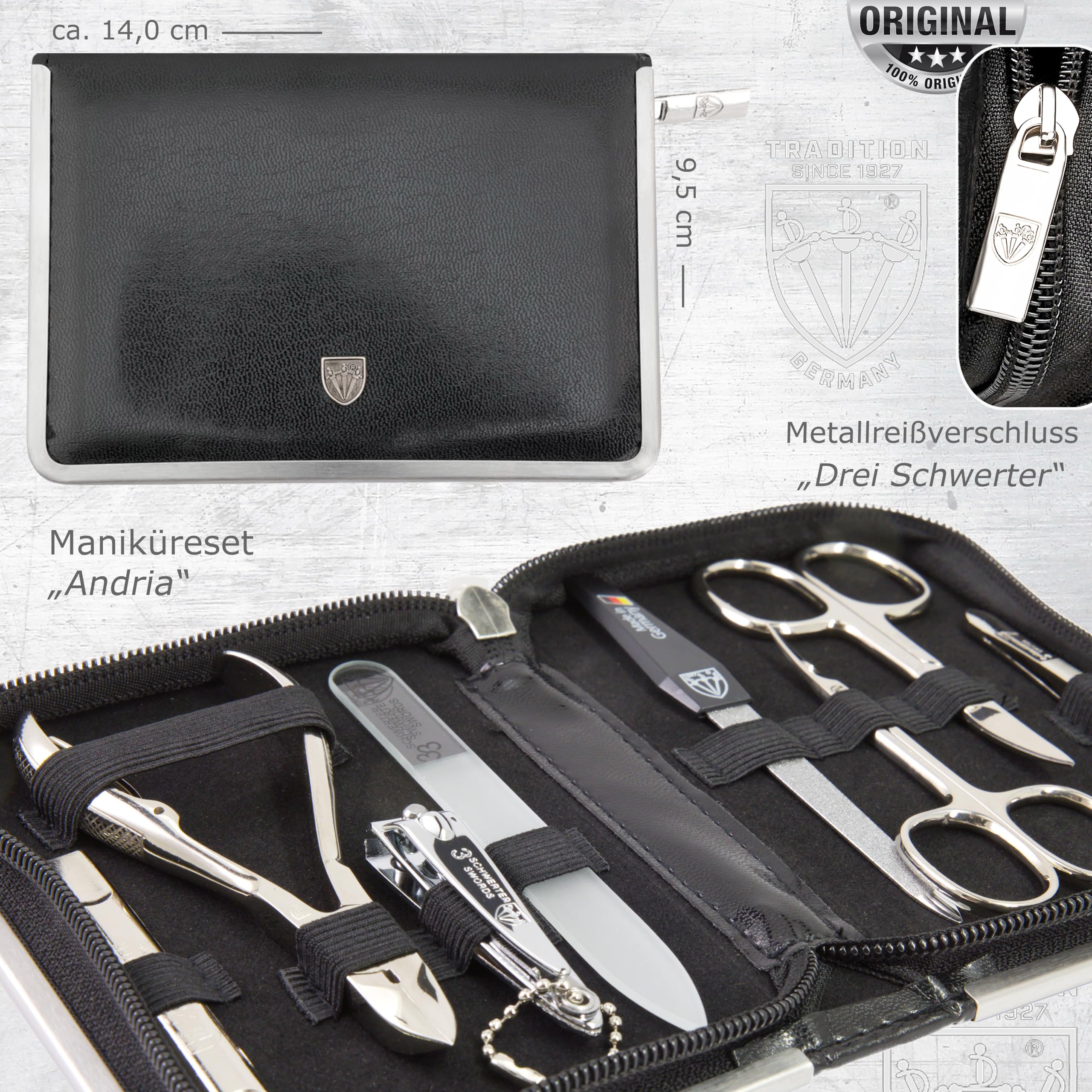 DREI SCHWERTER Germany Maniküreset Nagelnecessaire 'Andria' - 8-tlg. aus schwarzem Kunstleder, Inhalt: Nagelschere, Nagelzange, Glasnagelfeile, Hautschere, Pinzette und vieles mehr!