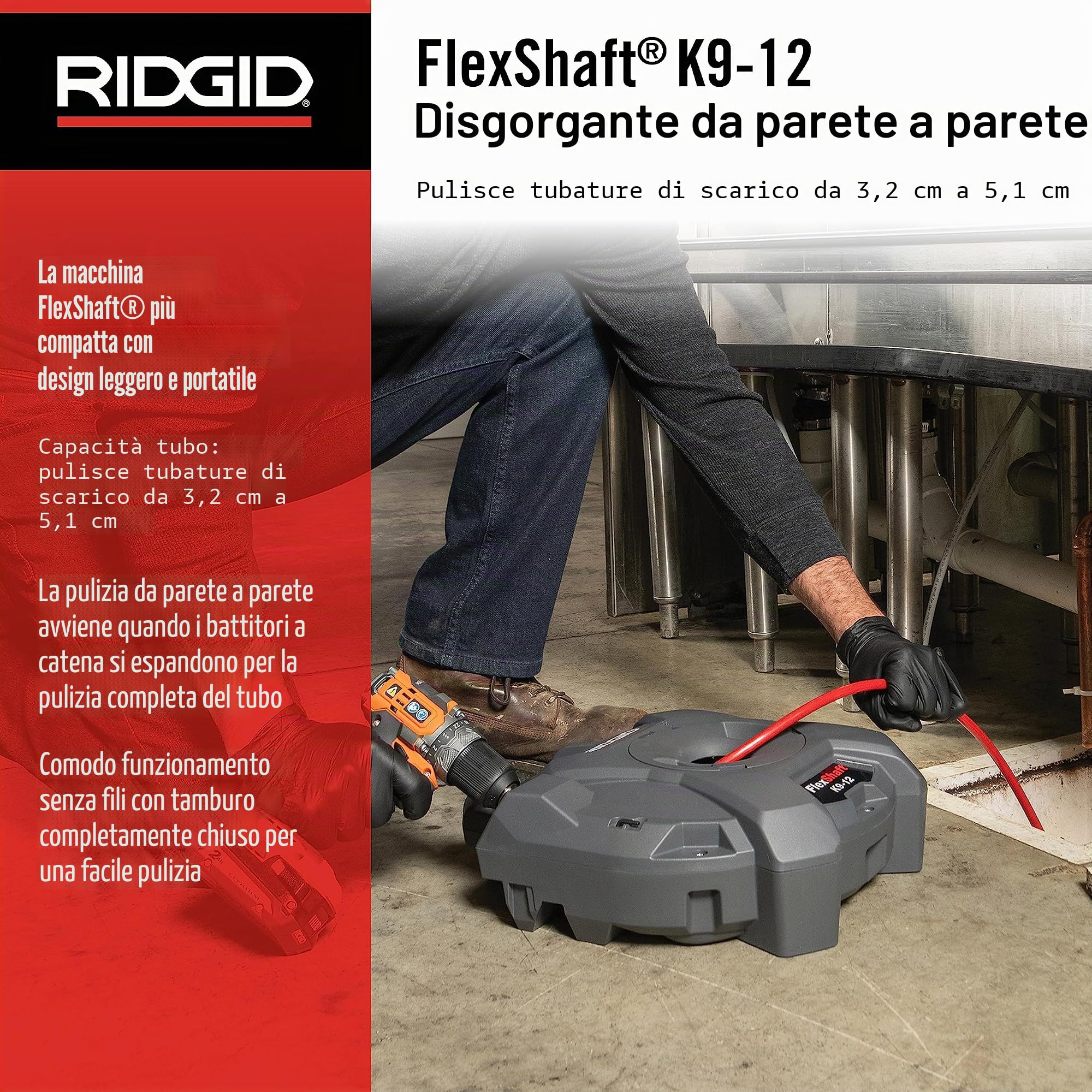 FlexShaft - Pulitore per scarico da parete a parete, 1/4" x 9 m, pulisce tubi da 1-1/4" a 2" fino a 2"