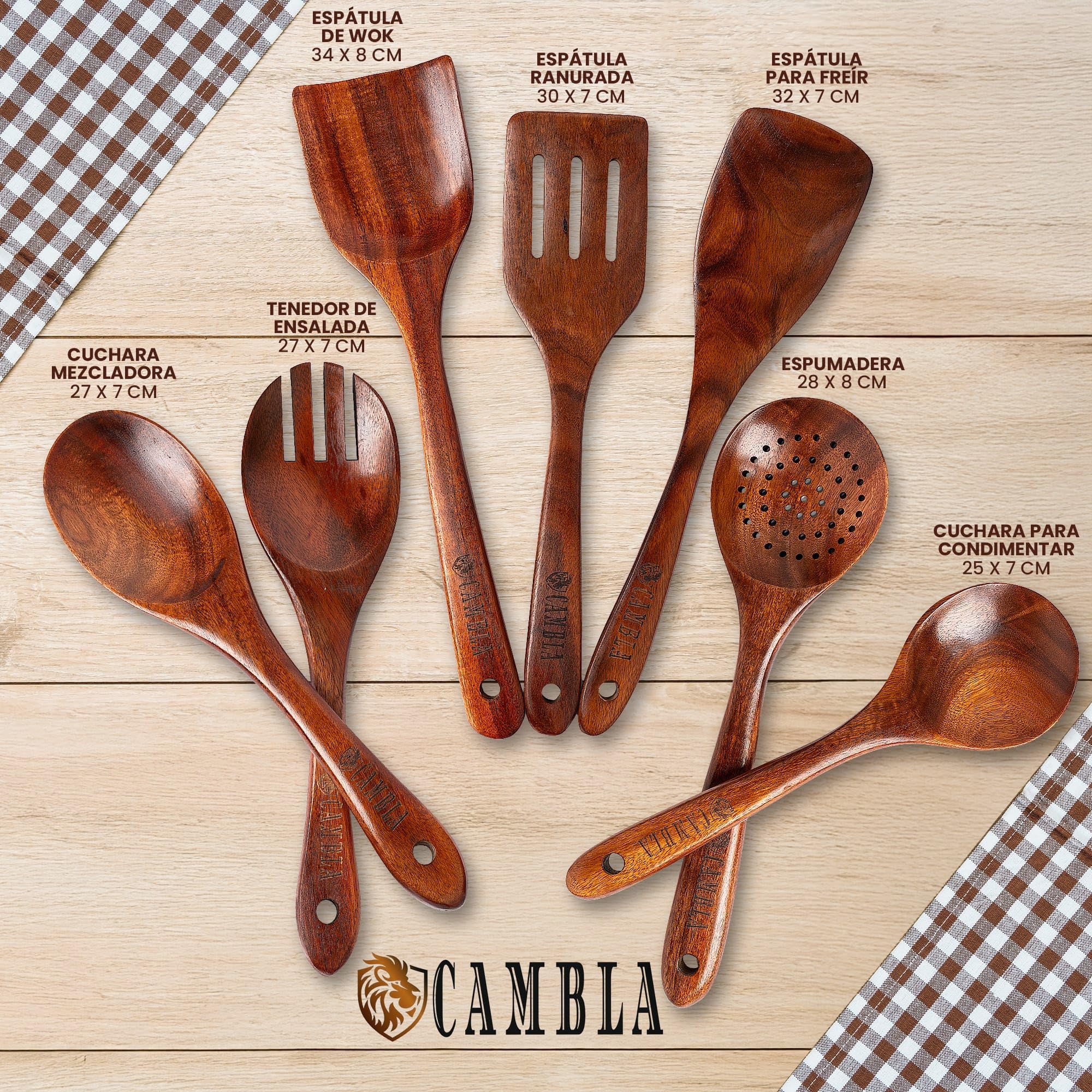 Utensilios de Cocina Madera - 9 pzas - Madera de Teca - Antiarañazos - Set de Espatulas y Cucharones de Cocina - Agarre Comodo para sartenes Antiadherentes - CAMBLA