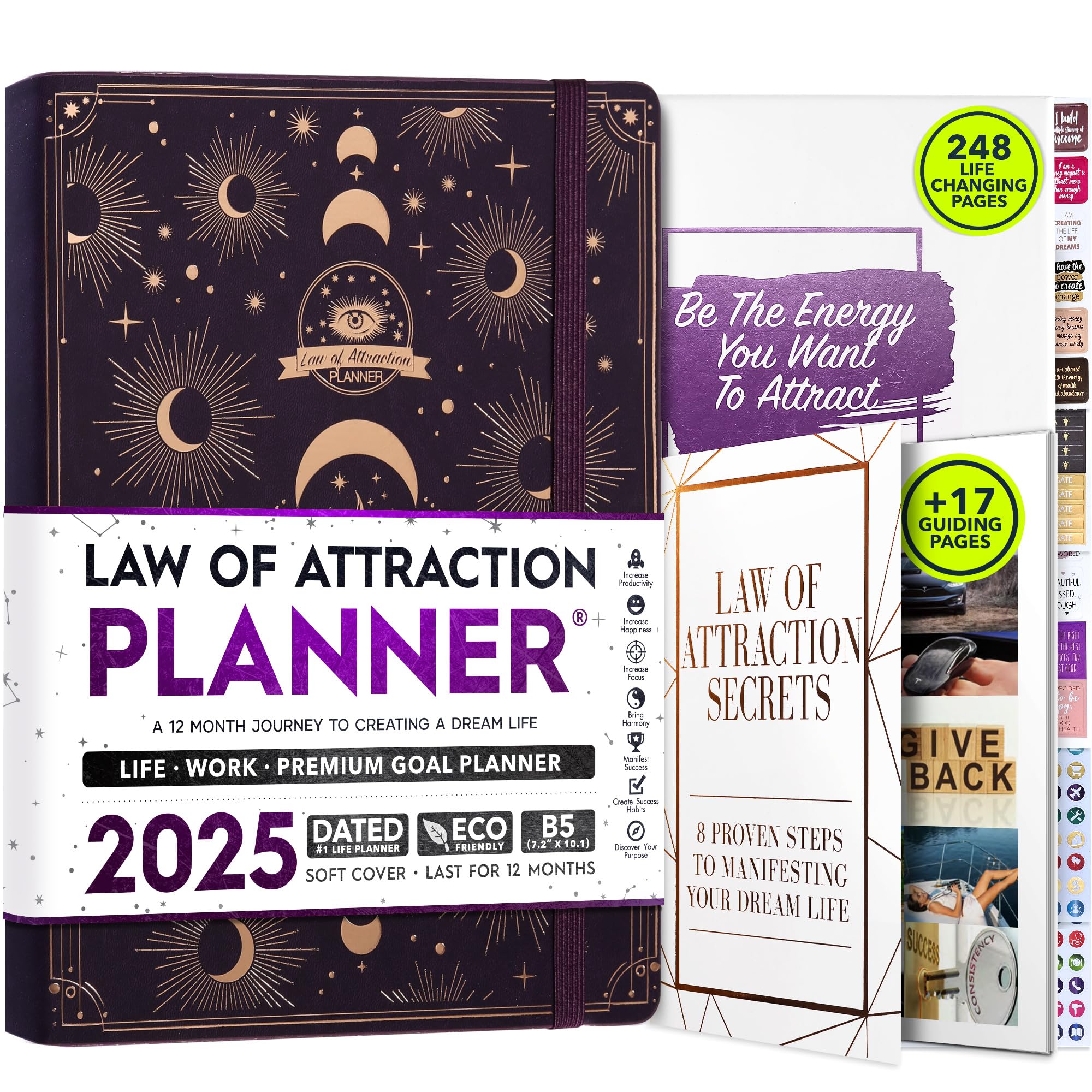 Law of Attraction Planner 2025 - Hourly, Weekly & Monthly Goal Setting Planner, 12 Month Journey to Increase Productivity | Life & Gratitude Journal, Include Foldable Vision Board, Gift Box & Stickers