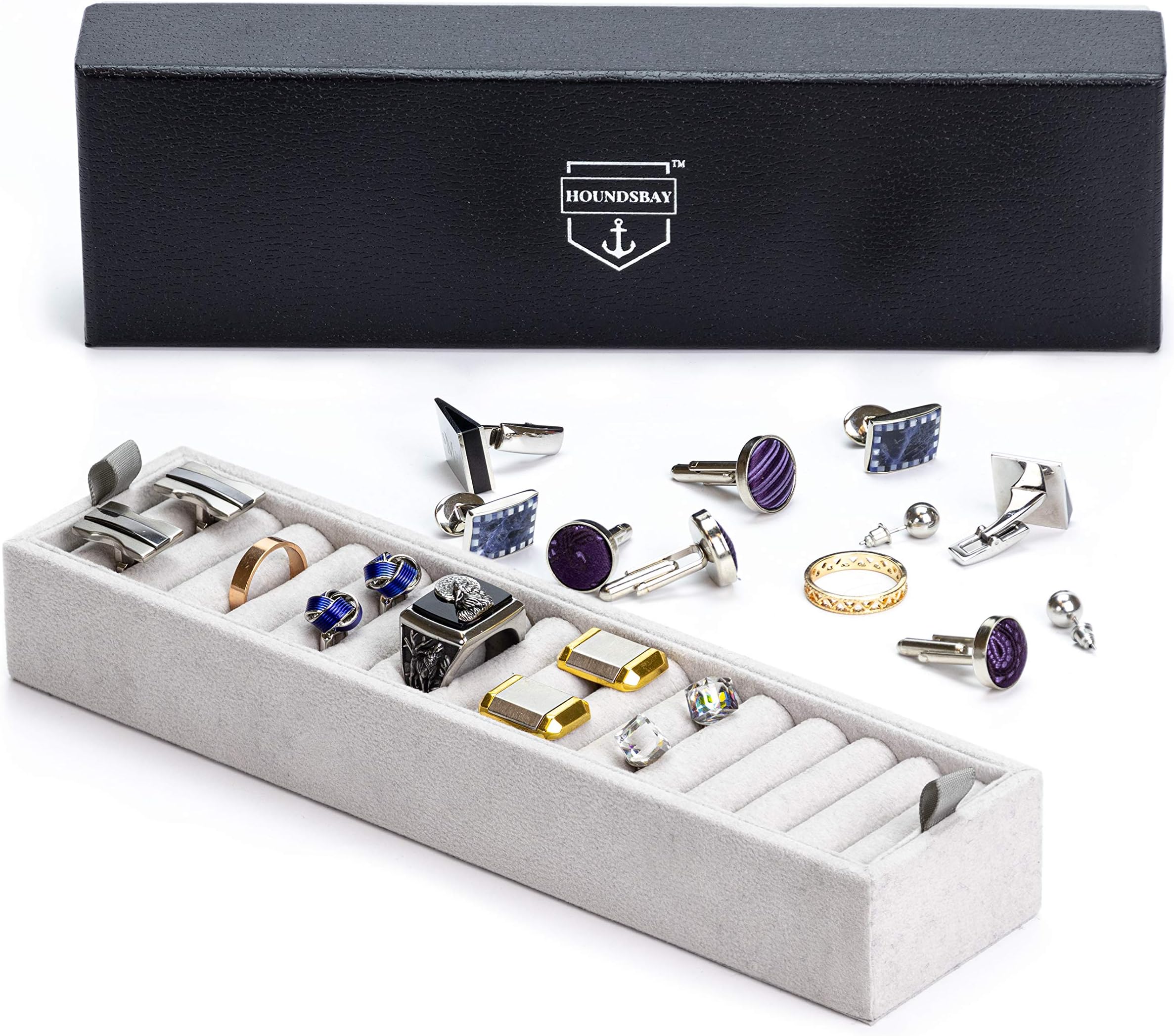 HOUNDSBAYHOUNDSBAY Ring & Cufflink Box Padded Jewelry Tray | Accessory to Admiral and Commander Dresser Valet Box & Victory Valet Tray (Gray)
