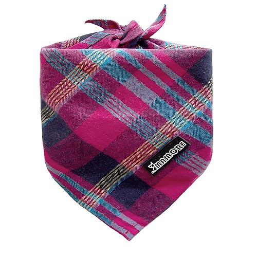Adjustable Plaid Dog Bandanas,1PC Soft Washable Cotton Triangle Bib Kerchief Scarfs for Small Medium Large Dogs and Cats (Fuchsia&Blue, Small)