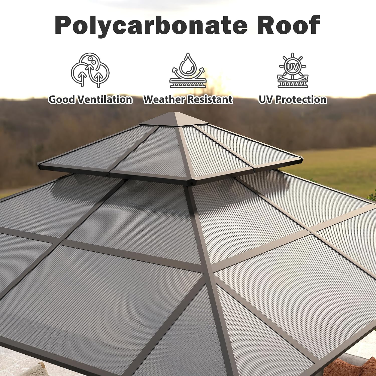 10' x 10' Hardtop Gazebo, Outdoor Polycarbonate Double Roof Gazebo with Metal Frame Permanent Pavilion with Netting& Curtains for Garden, Patio