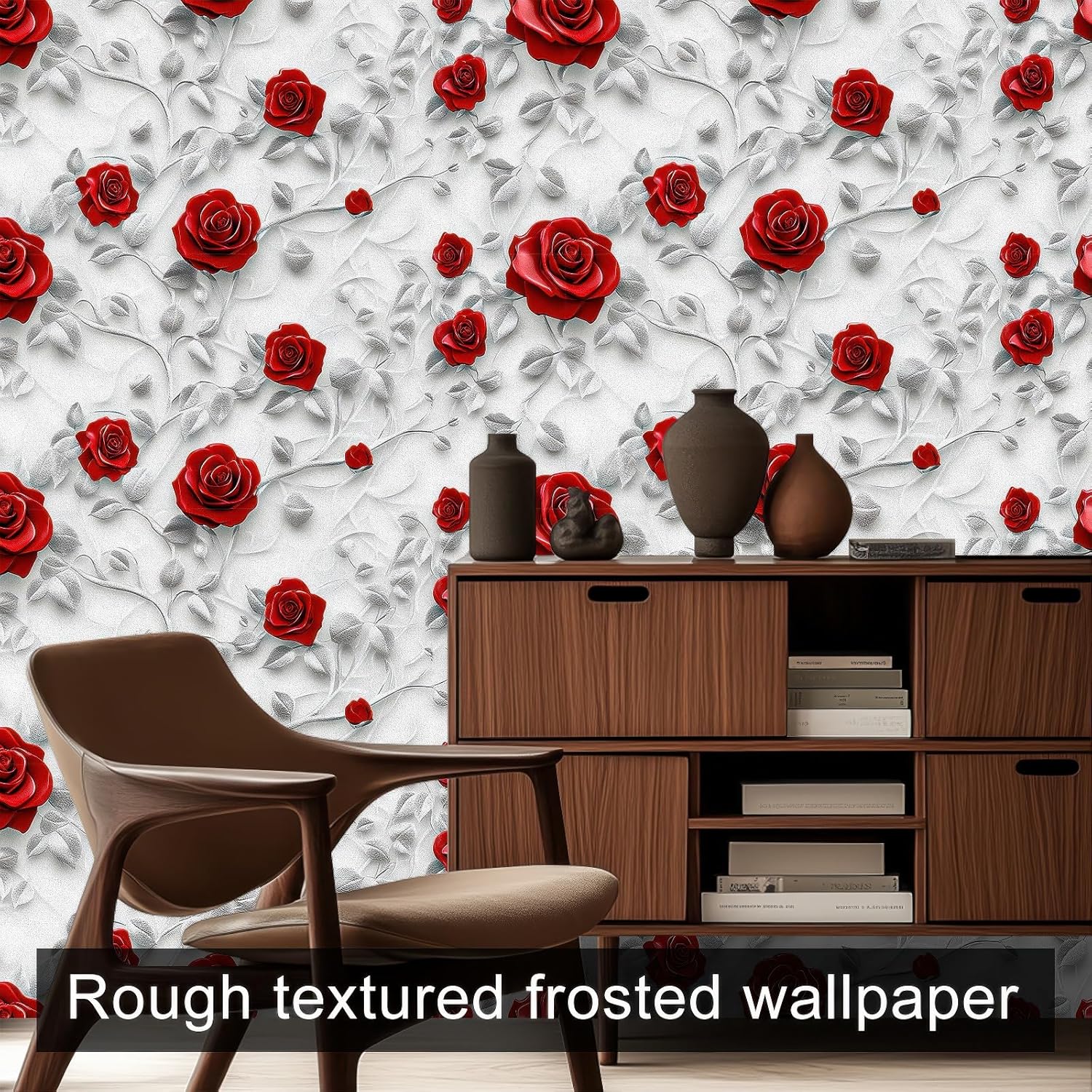 OMETITUTE Red Rose Wallpaper Peel and Stick Embossed Floral Contact Paper Red Vinyl Wall Paper Stick 17.7" x 118.1" Self Adhesive Wall Covering for Bedroom Cabinets Furniture Decor