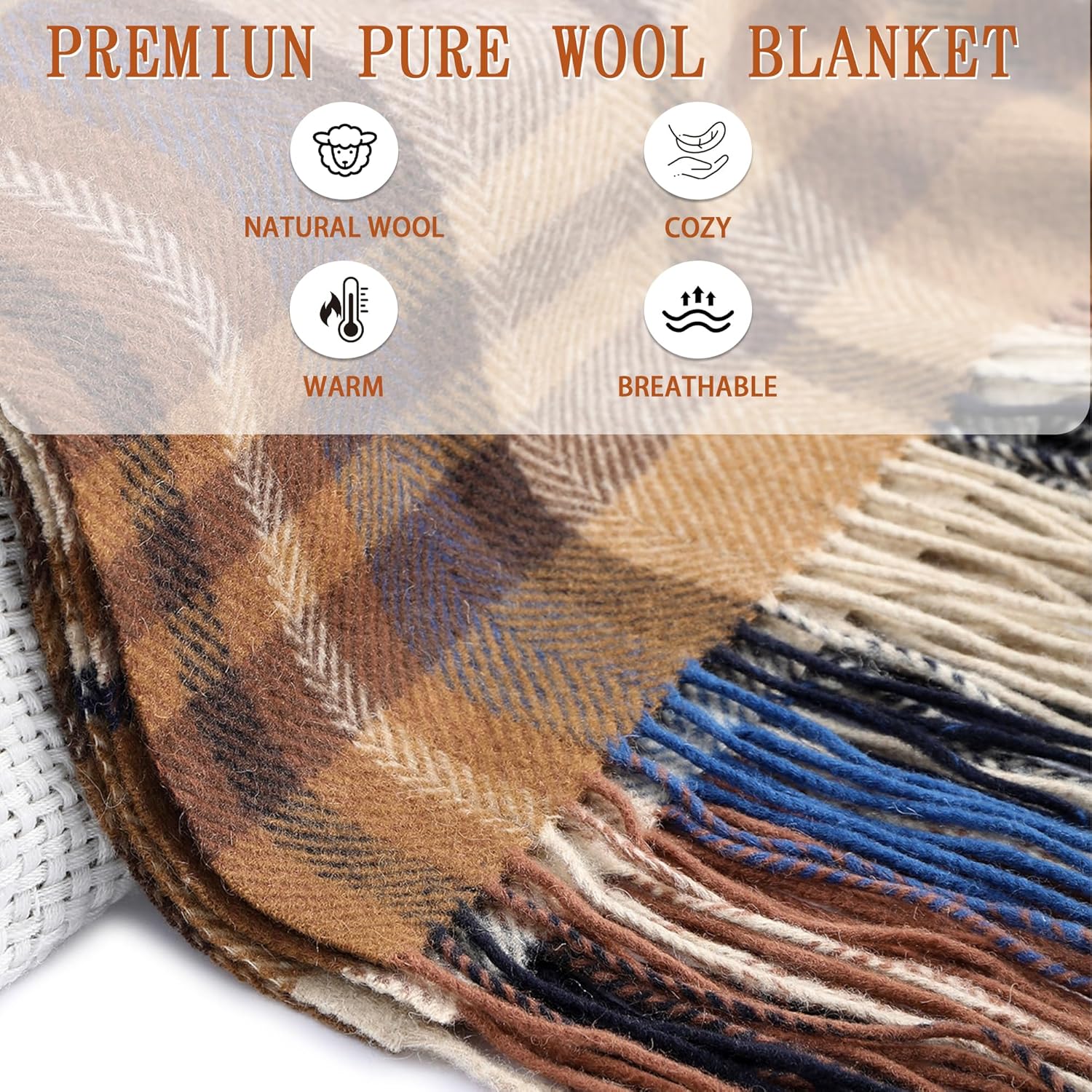 Lightweight Pure Wool Plaid Throw Blanket for Couch with Fringe, 55"x83" Compact with Bag, Versatile Decorative Warm Blanket for Living Room Bedroom, Travel, Camping, Cozy Gift for Women Men