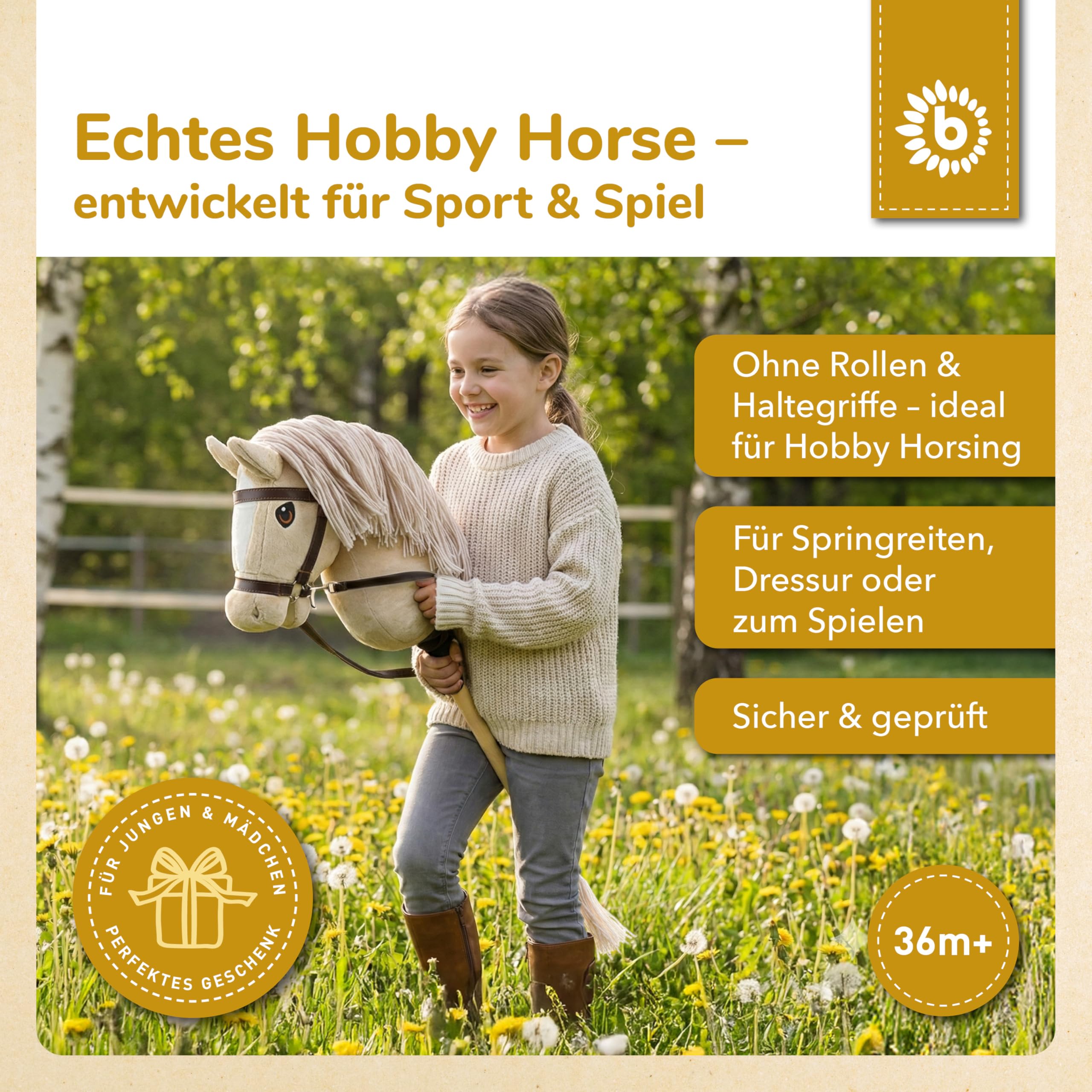 Bieco Caballo de Juguete Beige - Tamaño M, con Brida | Barra y Cola Desmontables, para Salto, Doma y Juego | Caballo de Juguete