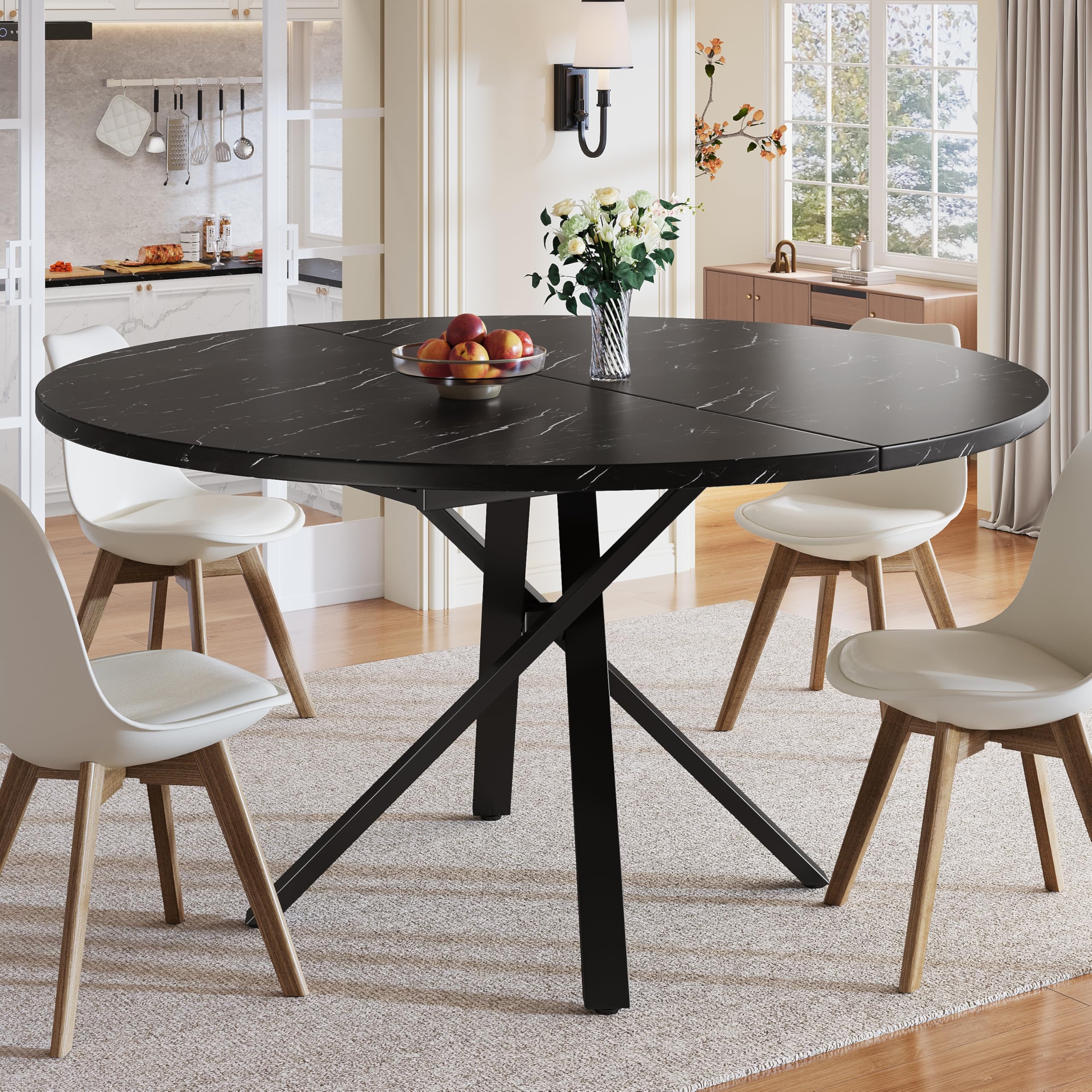 Tavolo da pranzo rotondo allungabile 100/140×100×75,5 cm, tavolo da pranzo - piano in legno effetto marmo, tavolo da cucina per 4-6 persone, tavolo rotondo con gambe in ferro, tavolo allungabile per