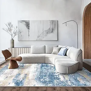 Area Rugs 10x12 for Living Room Bedroom, Modern Abstract Machine Washable Large Blue Cream Rug, Soft Low Pile Floor Carpet with Non Slip Backing for Dining Room
