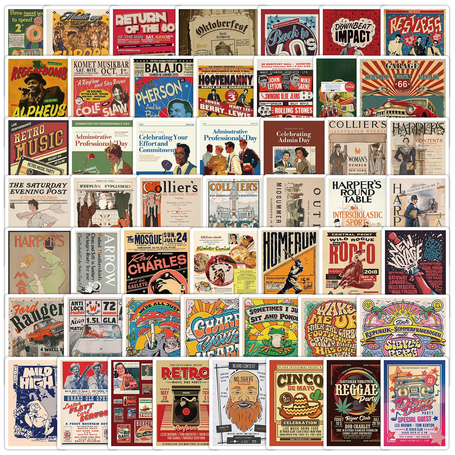 Vintage Posters Stickers 50PCS for Kids Teens Girls Adults,Art Posters Waterproof Decals for Water Bottles Laptop Bicycle Skateboard Luggage Phone Computer Scrapbook Car Helmet Guitar