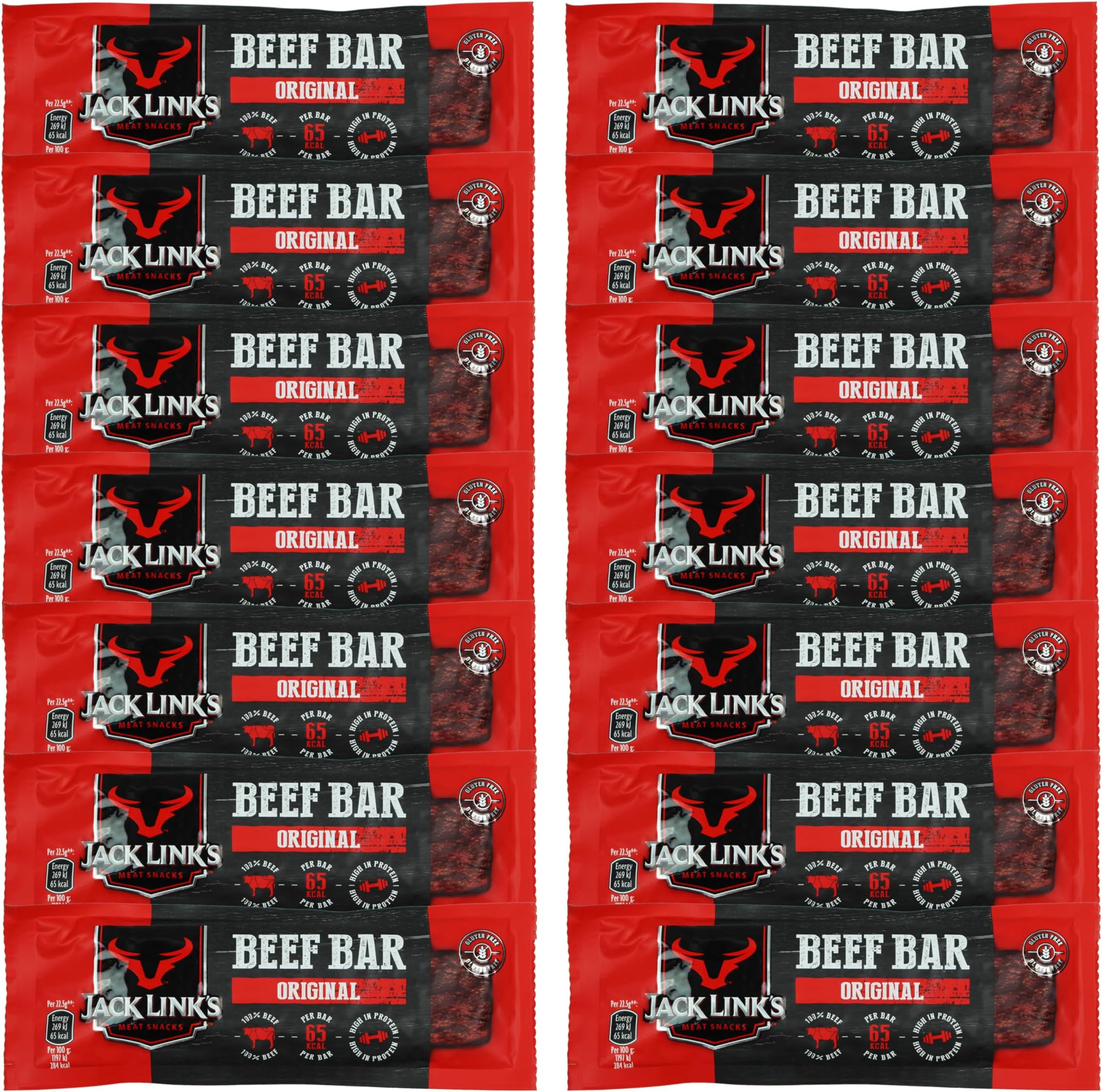 Jack Link's Beef Bar, Original Flavour, Multipack 14 x 22.5g Bars, High Protein Meat Snack, Eat on the Go or Post Gym
