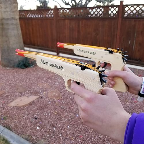 Miniatura 2 de Adventure Awaits! - Paquete de 2 pistolas de goma - Madera de calidad y hecha a mano - Fácil carga - 20 bandas de goma por juego