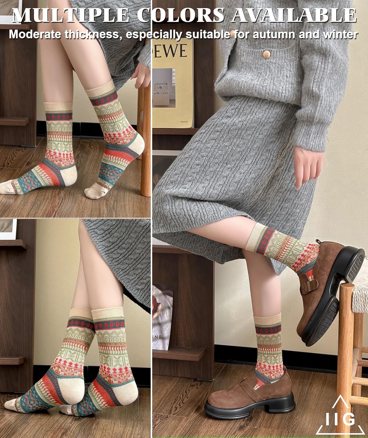 IIG 3-5 Pairs Womens Vintage Cozy Crew Socks Soft Cute Neutral Cotton Socks Exquisite Patterns Socks Gift - Image 5
