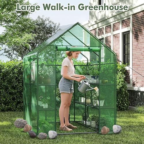 Miniatura 9 de S AFSTAR Invernadero para caminar, 4.8 x 4.8 x 6.4 pies, casa verde con 2 estantes de malla de 8 niveles y puerta enrollable con cremallera,