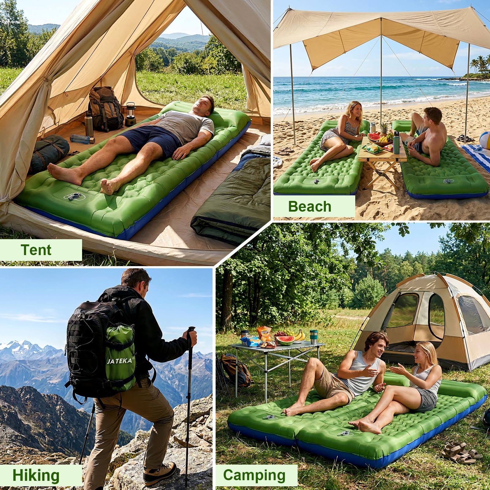 JATEKA Matelas Gonflable 1 Place, Matelas Camping Large de 83cm Ultra Léger avec Oreiller et Pompe à Pied intégrée, Matelas Gonflable 1 Place Résistant à l'eau Randonnée/Tente Bleu Verdâtre