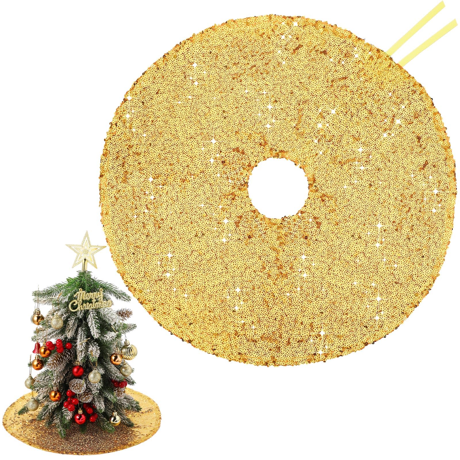 Hanaive 15 Inch Christmas Mini Tree Skirt Sequin Tree Skirt Small Tree Skirt for Christmas Pencil Slim Small Trees Decoration Bar Hotel Holiday Decor (Gold)