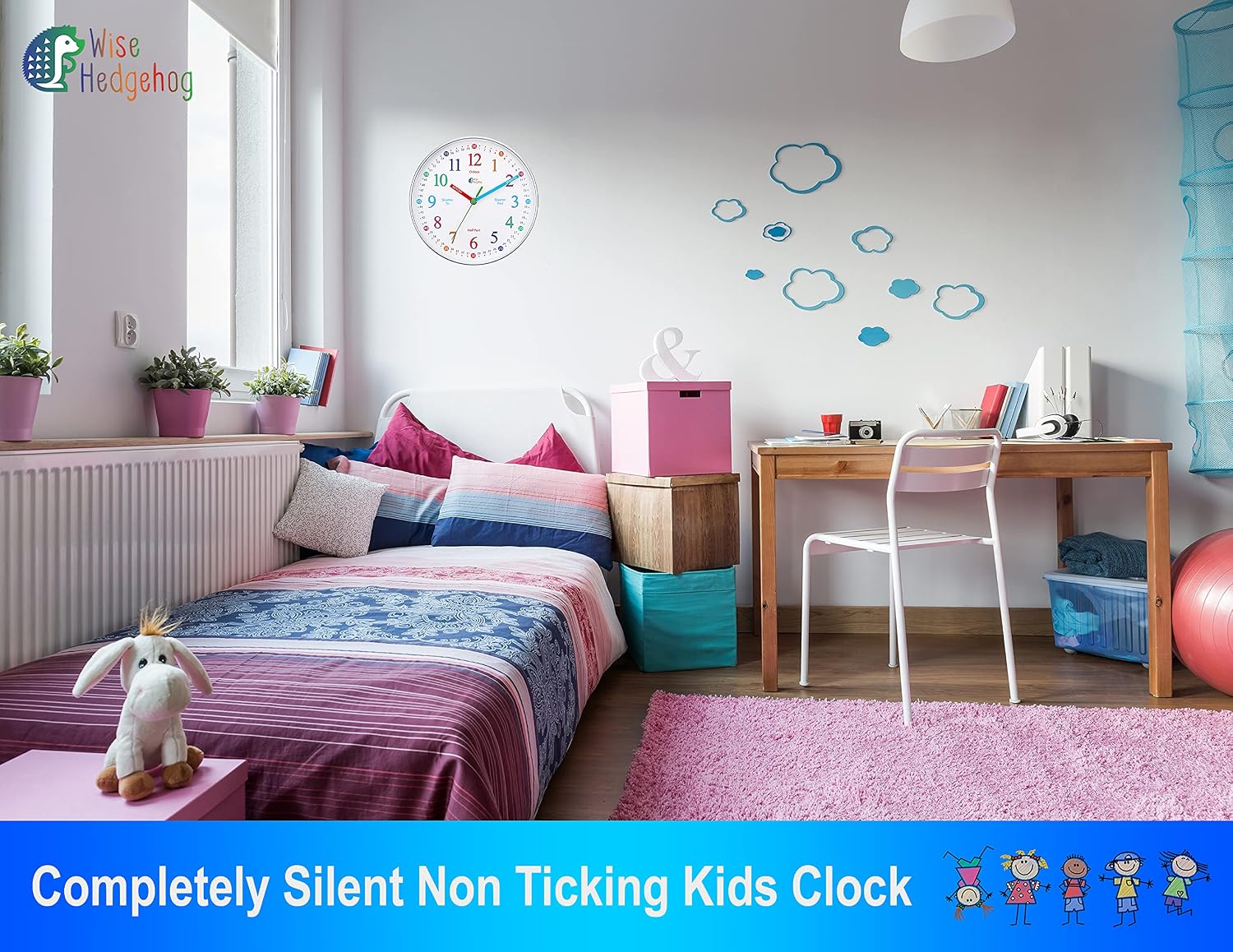 WISE HEDGEHOG Telling Time Teaching Clock, Silent Non Ticking Analog Battery Operated Learning Clock for Kids, Perfect Room & Wall Decor for School Classrooms, Playrooms and Kids Bedrooms