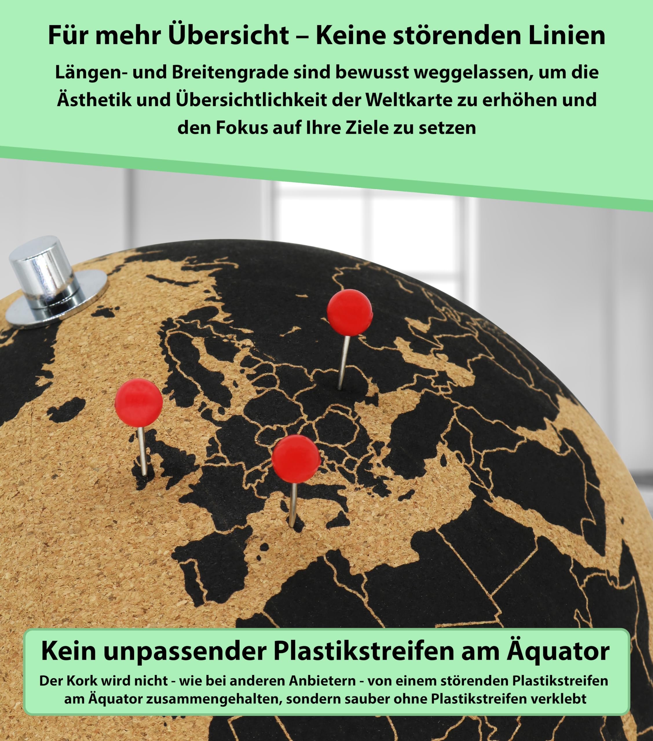 Drehbarer Korkglobus mit 104 Pins - Globus aus Kork 25cm hoch zum Pinnen - stilvolle Weltkugel mit Pinnadeln als Geschenkidee - Weltkarte Kork Globus - Cork Globe als Geschenk für Weltenbummler