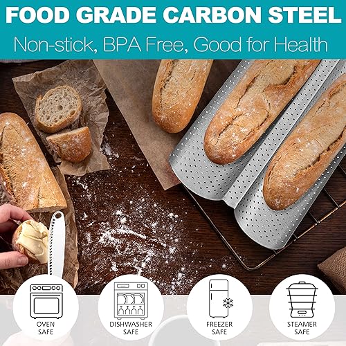 Miniatura 9 de Anaeat Sartén antiadherente para pan de baguette francesa con tela gruesa profesional a prueba de masa, bandeja larga para hornear pan de masa madre