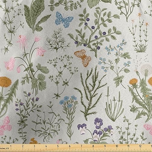 Lunarable Floral Fabric by The Yard, Wildflowers Botany Themed Illustration with Butterflies Spring Vegetation, Decorative Satin Fabric for Home Lunarable Floral Fabric by The Yard, Wildflowers Botany Themed Illustration with Butterflies Spring Vegetation, Decorative Satin Fabric for Home