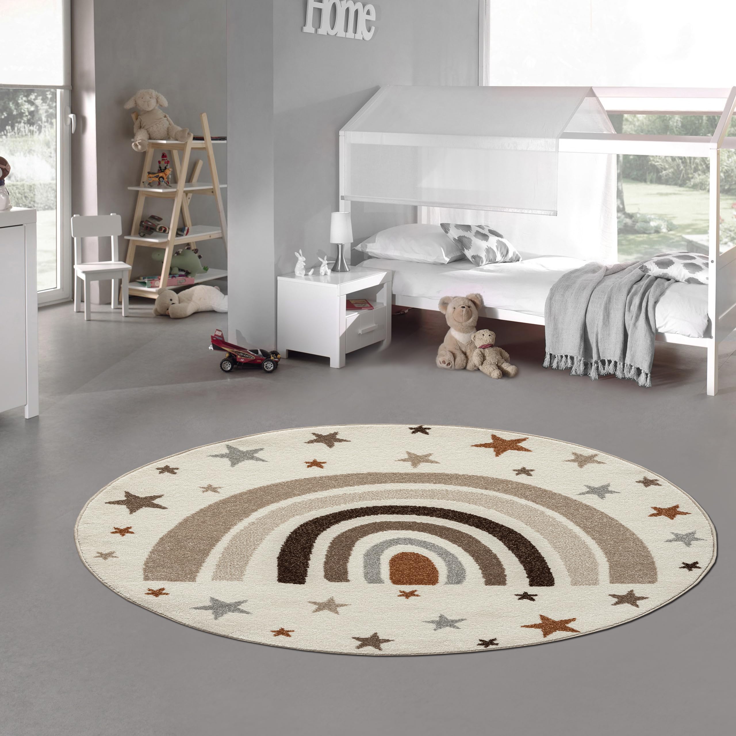 Teppich-Traum Tapis de Chambre d'enfant Salle de Jeux Entretien Facile Arc-en-Ciel étoiles Clair Robuste crème, 120 cm Rond