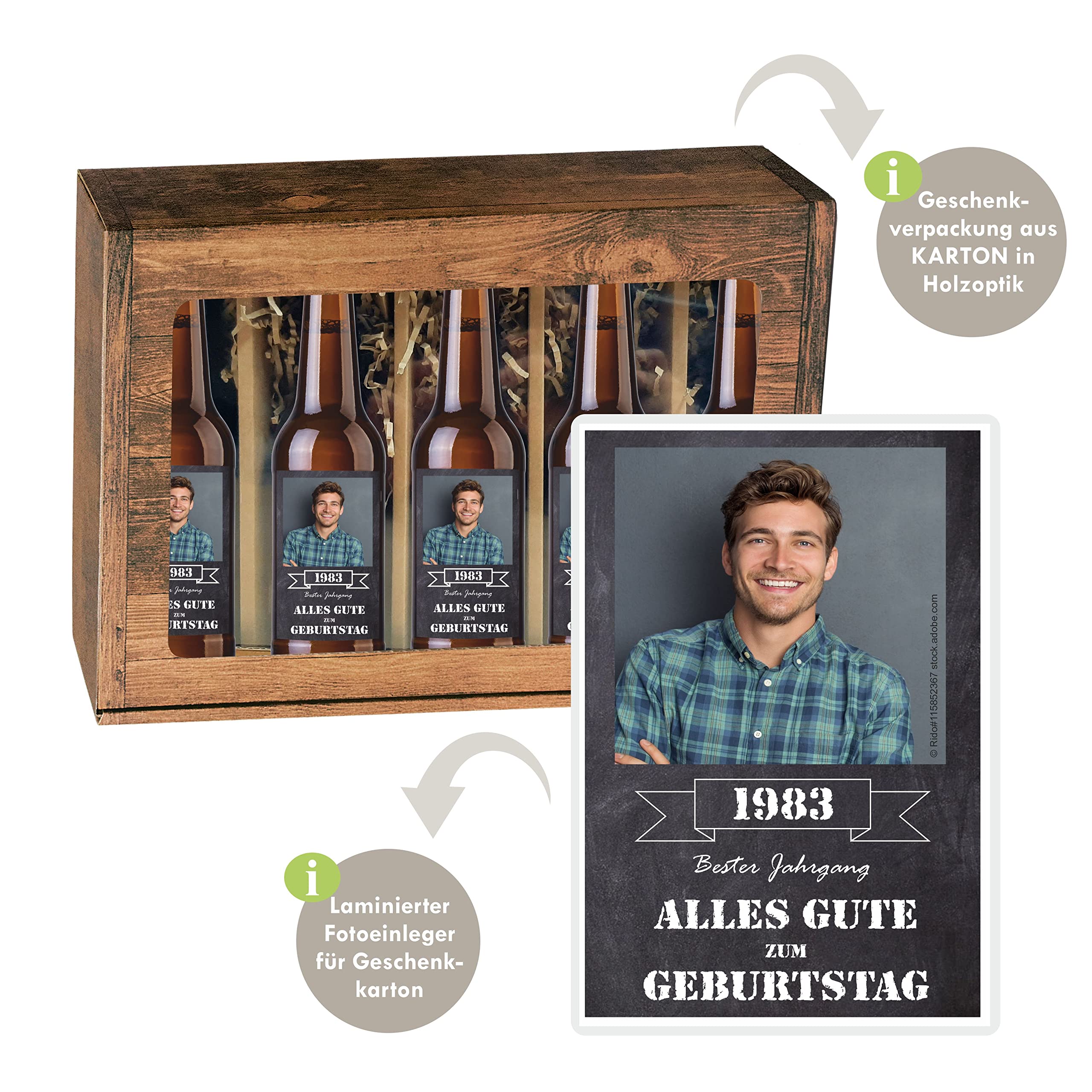 Personalisiertes Bier mit Wunschtext und Foto | 5 x 0,33 l Dinkelbier als Geschenkset | Persönliche Geschenkbox zum Geburtstag o. Vatertag/Männertag (Geschenkbox mit 5 Fl., Schieferoptik)