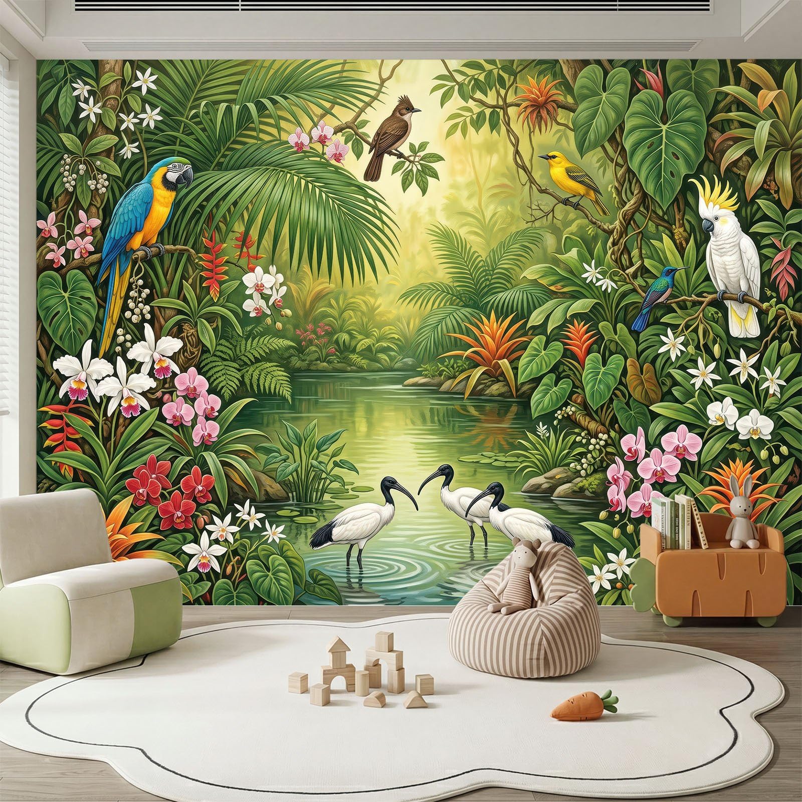 Papel pintado panorámico tropical selva pájaros, hojas de palmera, orquídeas, 350 x 256 cm